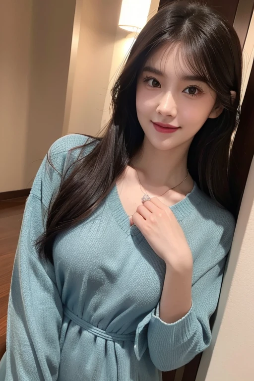 Best-quality, Masterpiece, Ultra-High-Resolution, (Photorealistic:1.4), Raw-Photo, Extremely-Detaied, Perfect-Anatomy, (front view), 1girl, 15-years-old, the most popular Japanese idol, wearing only loose- sweater with cute-pattern, (leaning forward, dowbluse), looking at viewer, innocent smile, extremely beautiful abundant cleavage, extremely beautiful big breasts, extremely cute face like a most famous Japanese idol, extremely beautiful big black solid circle eyes, extremely beautiful hair, extremely beautiful lips, extremely beautiful long-eyelashes, detailed loose- sweater-with-cute-design