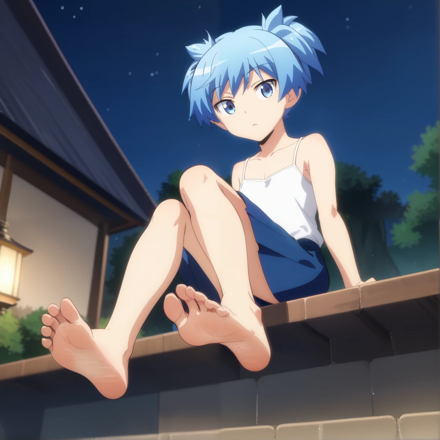 Score_9, score_8_up, source_anime, 1boy, Nagisa Shiota, big eyes, alone, looking at viewer, in the garden, night, sitting, cowboy shot, ANIME SCREENCAP, anime coloring, barefoot, perfect feet, anatomically correct, soles, low angle, focal length 35mm, each foot has five toes, front, symmetrical soles, foot focus, long blue skirt, white camisole, blue hair, zoom on feet