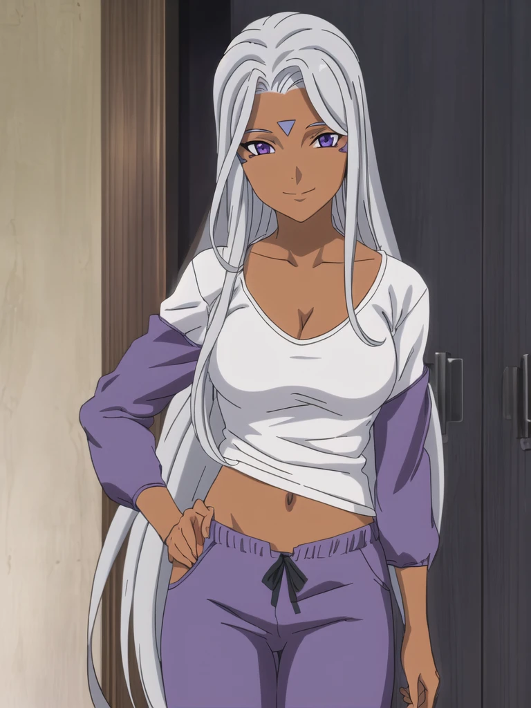 Urd, 1girl, solo, fine detail, dark skin, purple eyes, looking at viewer, smile, cleavage, baggy white tshirt, grey jogging pants, standing, perfect quality, good quality, masterpiece, HDR, UHD