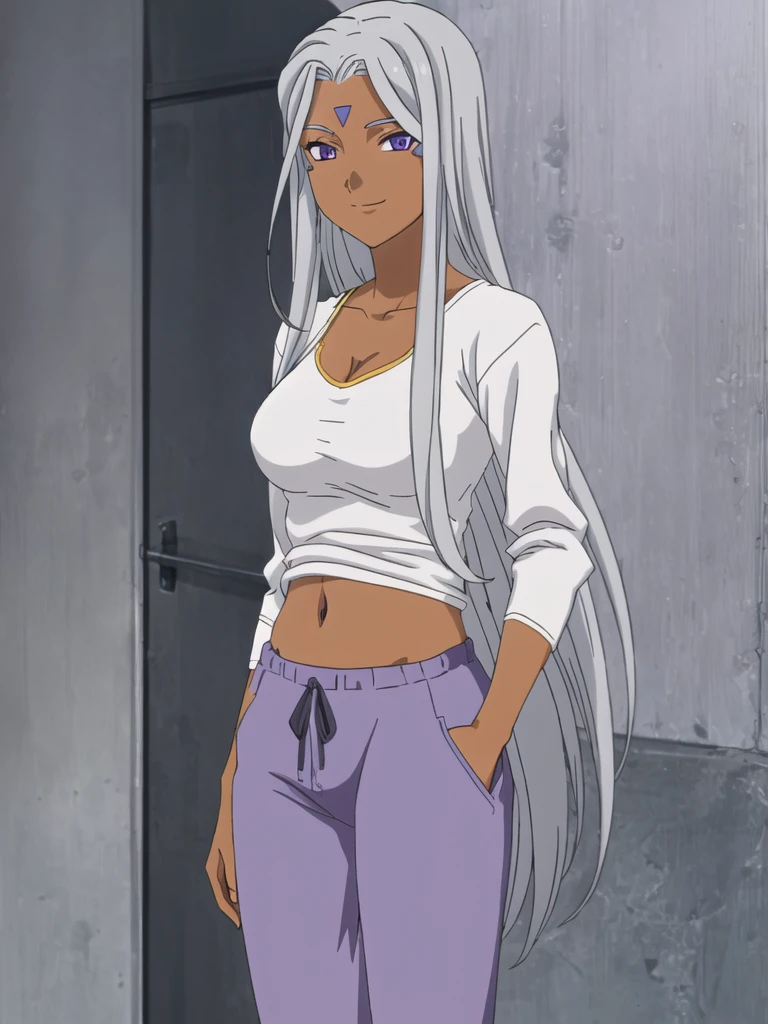 Urd, 1girl, solo, fine detail, dark skin, purple eyes, looking at viewer, smile, cleavage, baggy white tshirt, gray jogging pants, standing, perfect quality, good quality, masterpiece, HDR, UHD