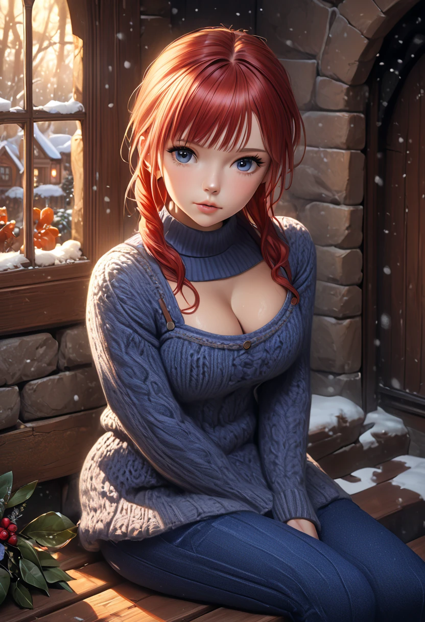 A Nubile, Sultry And Alluring needy, Norwegian Woman Who Is Stting In Front Of A Stone Fireplace Wearing A Tight Cozy Navy Blue Knitted Sweater. B-Cup. cleavage. cute pose. A Cute Skirt With Leggings The Scene Is Cosy And Hygge. Red hair. Snowing Outside. The Medium Used To Depict This Artwork Is Oil Painting, Ensuring A High-Quality And Detailed Result. The Painting Style Is Realistic And Photorealistic, With Vivid Colors And Sharp Focus. The Overall Lighting Is Well-Balanced, Illuminating The Scene Beautifully. Stunningly beautiful merge of Traylor Howard . symmetrical face, photorealistic, photography, path tracing
