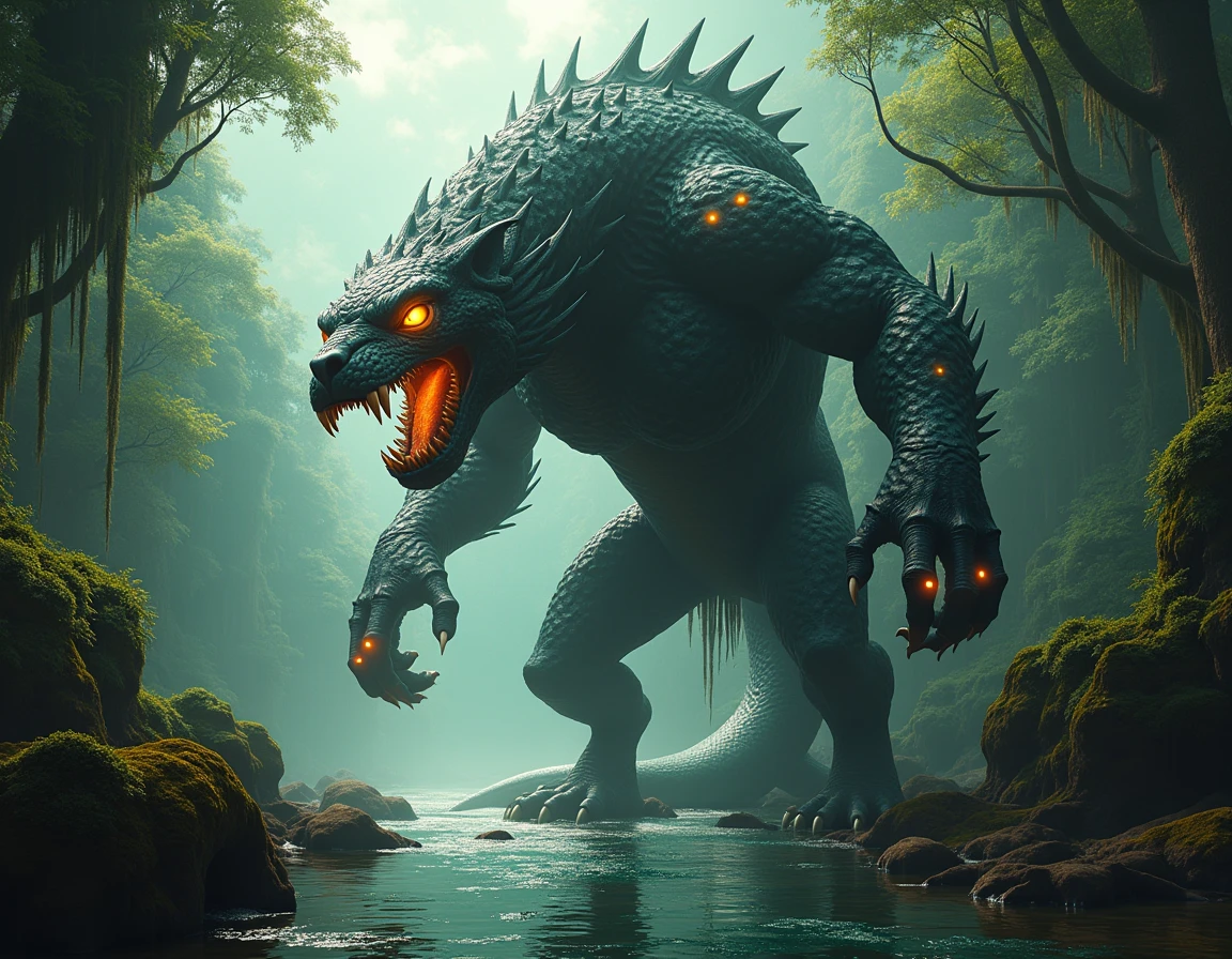 detailed giant unidentified creature, extremely detailed creature, ultra-detailed creature, 8k, photorealistic, hyper-realistic, highly detailed, intricate, cinematic lighting, dramatic lighting, epic, majestic, awe-inspiring, surreal, imaginative, fantastical,人も入れて