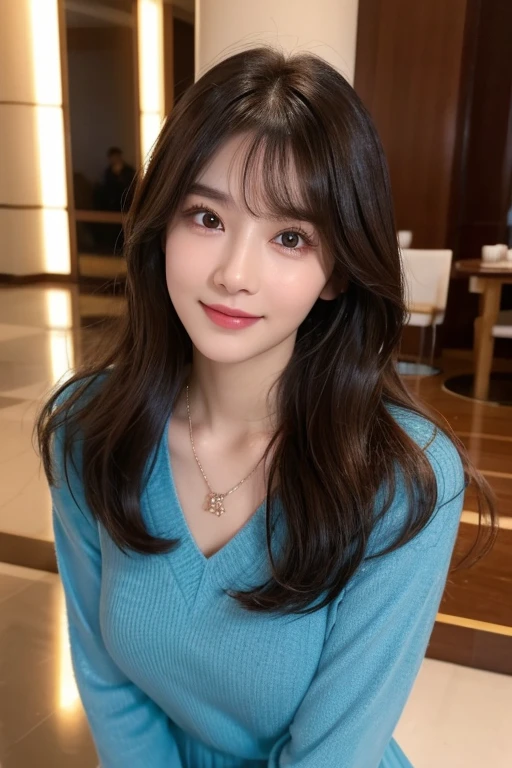 table top, highest quality, shape, Super detailed, finely, High resolution, 8k wallpaper, 完璧なダイナミックな構shape, beautiful and detailed eyes, small breasts, natural color lip, random sexy pose,smile、20 year old girl、midnight、Beautiful and dense face、perfect and beautiful face,Big eyes、real photos（best image quality）,off shoulder dress（long sleeve blouse）、looking at camera、Please stand、Do gal makeup