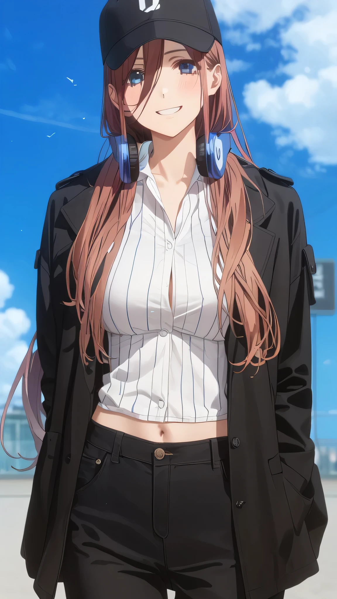 Fit girl,score_9, score_8_up, score_7_up, score_6_up,
uncensored,
1girl, miku nakano, long hair, bangs, blue eyes, brown hair, shirt, hair between eyes, huge breasts,
headphones, headphones around neck, 1girl, solo, long_hair, smile, hat, shirt, pants, outdoors, sky, white_shirt, looking_at_viewer, black_headwear, black_pants, navel, day, jacket, cloud, striped_shirt, coat, midriff, collared_shirt, breasts, blue_sky, grin, open_clothes, black_jacket, eyes_visible_through_hair, cowboy_shot, baseball_cap, blush, black_coat, long_sleeves