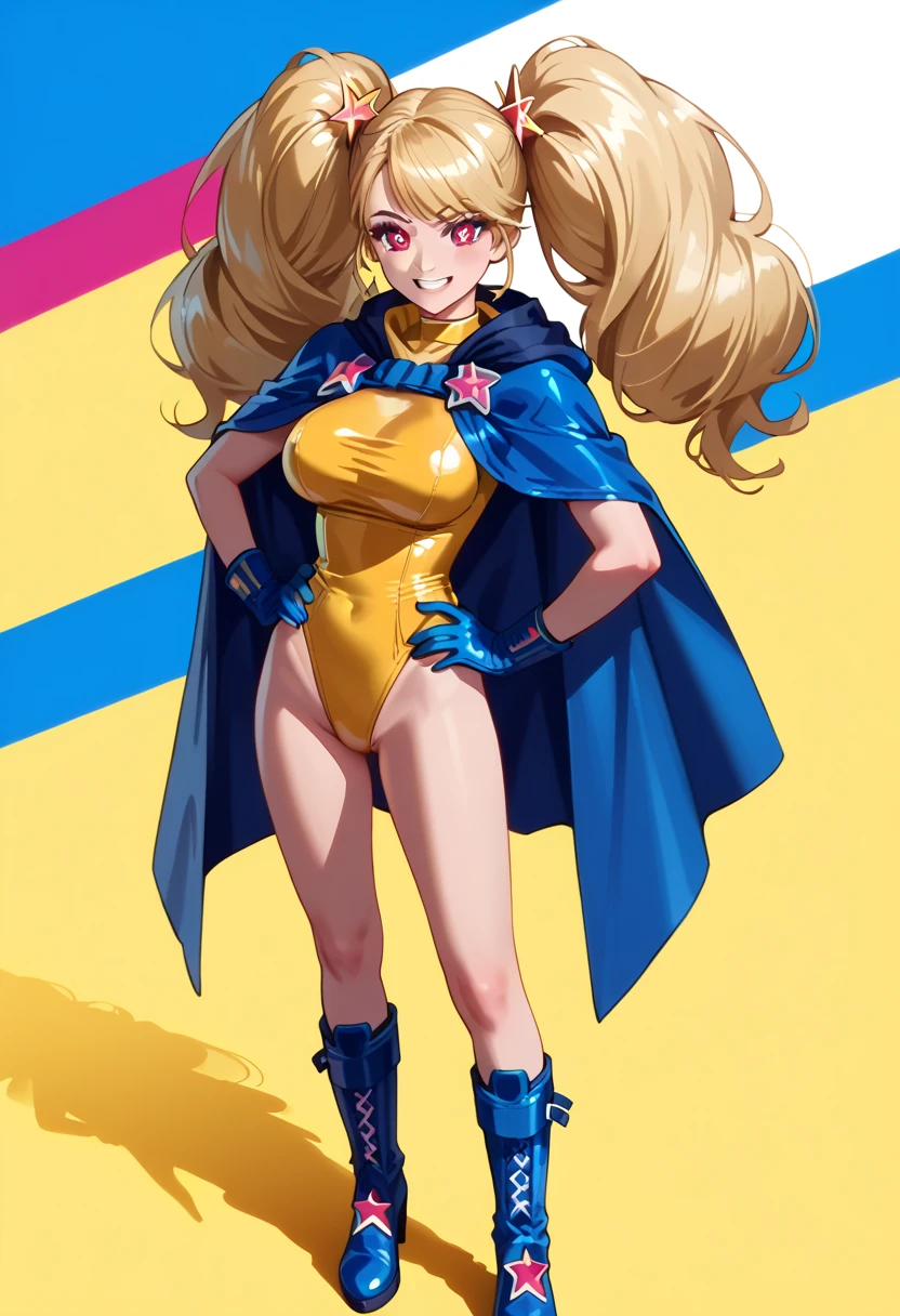 score_9_up, score_8_up, score_7_up, solo, source_anime, 1girl, super hero girl, star-shaped pupils BREAK 

Large breasts, Blonde hair, red eyes, mega twintails, big hair BREAK 

Latex, ((yellow leotard, gold leotard)), bare legs BREAK blue gloves, blue cape, high boots, blue boots BREAK 

Colorful background, standing, smile, looking at viewer, grin, hands on hips BREAK 