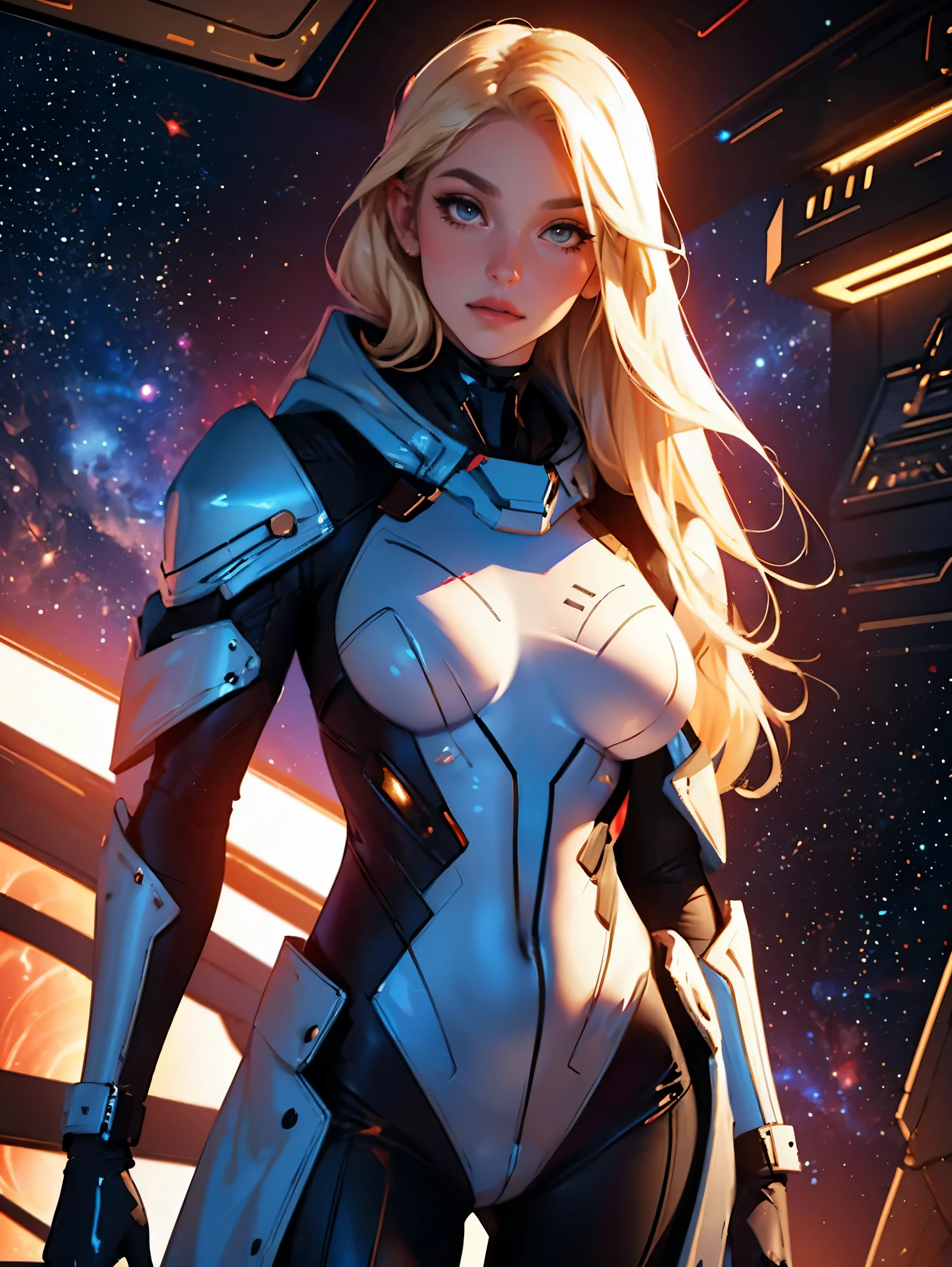 1girl,a beautiful fashion model ,(masterpiece, detailed background, best quality), shiny shoulder length hair, light blonde hair with blonde highlights dark roots, ,smirk,juicy lips, full lips, , lingerie, stripping, elegant makeup, sci fi environment,(space cruise), (bodysuit), ban art style, large