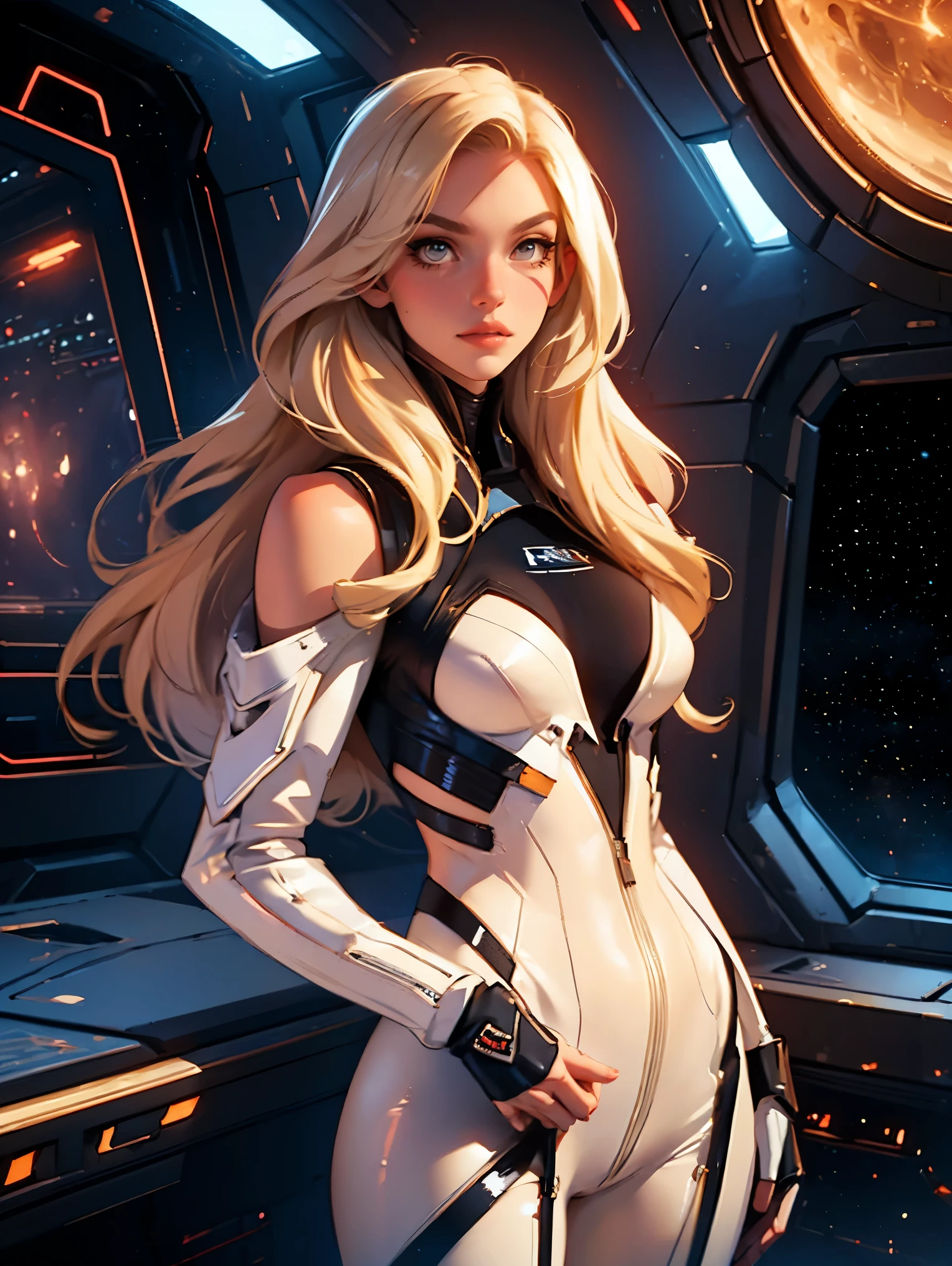 1girl,a beautiful fashion model ,(masterpiece, detailed background, best quality), shiny shoulder length hair, light blonde hair with blonde highlights dark roots, ,smirk,juicy lips, full lips, , lingerie, stripping, elegant makeup, sci fi environment,(space cruise), (bodysuit), ban art style, large