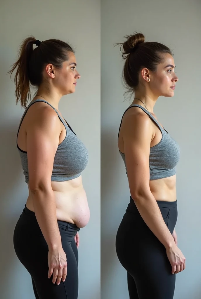 A highly realistic, almost 3D-quality image showing a woman's physical transformation from obese to a slim, fit, and happy version of herself. On the left side, the woman is overweight, has a somber expression, and is wearing casual, baggy clothing. On the right side, she appears slim, fit, and radiantly happy, wearing tight sportswear, with a confident, cheerful smile. The background should smoothly transition from dark, dull tones on the left to bright, vibrant colors on the right, symbolizing the positive change in her life. Make sure the cover is in ultra-high-definition 4K quality with a hyper-realistic style, capturing every detail of the transformation. (make sure it's the same person in both versions)
