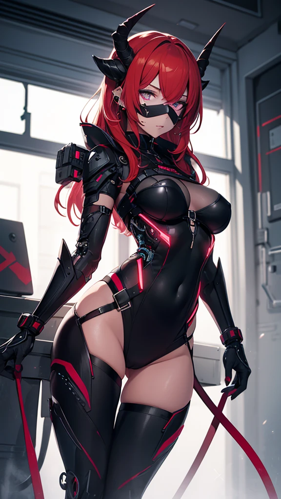 1girl, red hair, side swept hair, earpiece, underboob, sideboob, bodysuit, cybernetic, mask, horns, antennae, violet eyes, fiery eyes, bright eyes, tactical harness, thigh holster, claws, navel