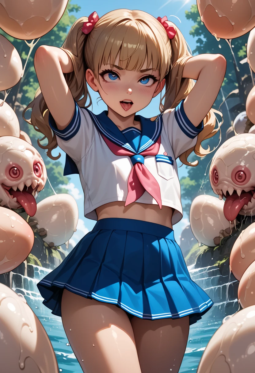  score_9,  score_8_up,  score_7_up,  score_6_up, Anime BREAK，nsfw，( detailed biography  :1.2)，  Fisheye Lens  ，  very young and cute girl coming ，  short ，  temptation of ddler figures ，  flat chested，  Thin Thighs ， A girl in a sailor suit is doing squats ，So much pain 々A funny expression， put your hands behind her head ，  A lot of eggs are rolling under her skirt  ，  worm-like monsters are hatching from eggs， The eggs are covered with something transparent , Mucous liquid  ， Entangled monsters  ，