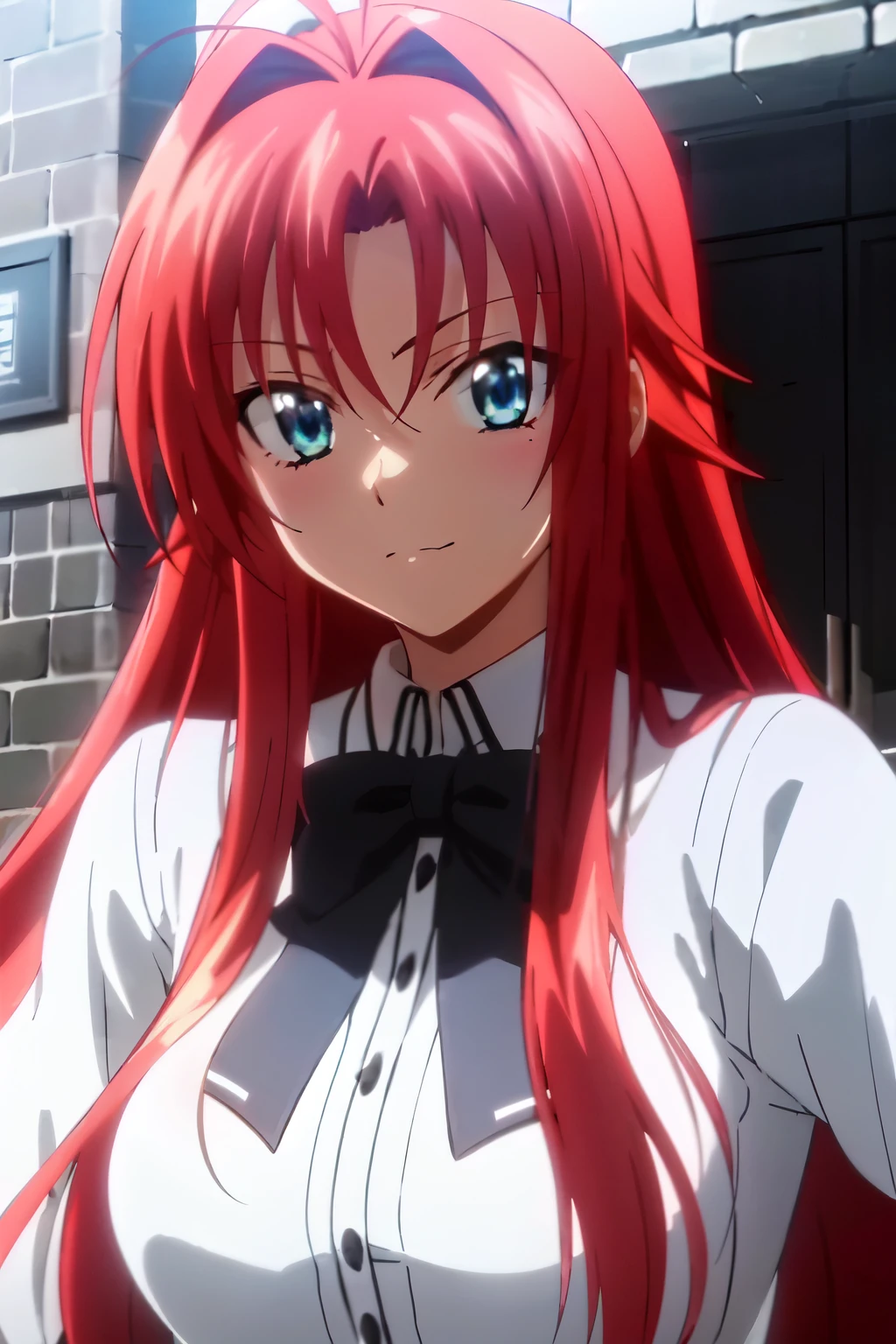 masterpiece, best quality, 1girl, long hair, looking at viewer, :3, cute, black school uniform, outdoors, streets, cowboy shot, large breasts, curvy, (((blue eyes))), rias gremory, red hair, antenna hair, wavy hair, ((beautiful detailed eyes, beautiful detailed glow, lots of glow)), anime screencap,