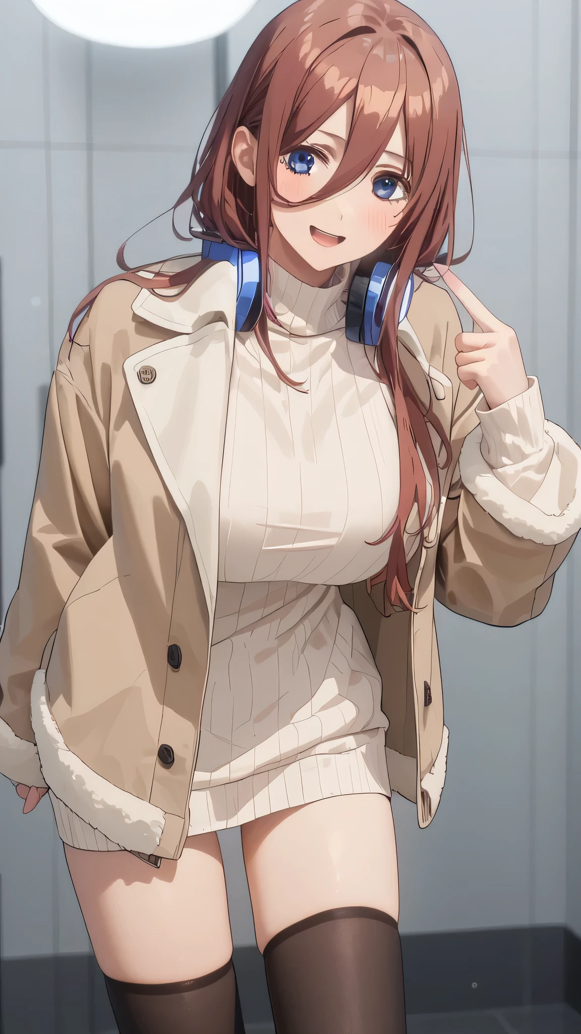 Fit girl,score_9, score_8_up, score_7_up, score_6_up,
uncensored,
1girl, miku nakano, long hair, bangs, blue eyes, brown hair, shirt, hair between eyes, huge breasts,
headphones, headphones around neck, 1girl, solo, thighhighs, long_hair, sweater, brown_hair, looking_at_viewer, open_mouth, breasts, blush, brown_eyes, large_breasts, smile, turtleneck, turtleneck_sweater, black_thighhighs, bangs, jacket, coat, pointing, ribbed_sweater, dress, long_sleeves, pointing_at_self, zettai_ryouiki, sweater_dress, open_clothes