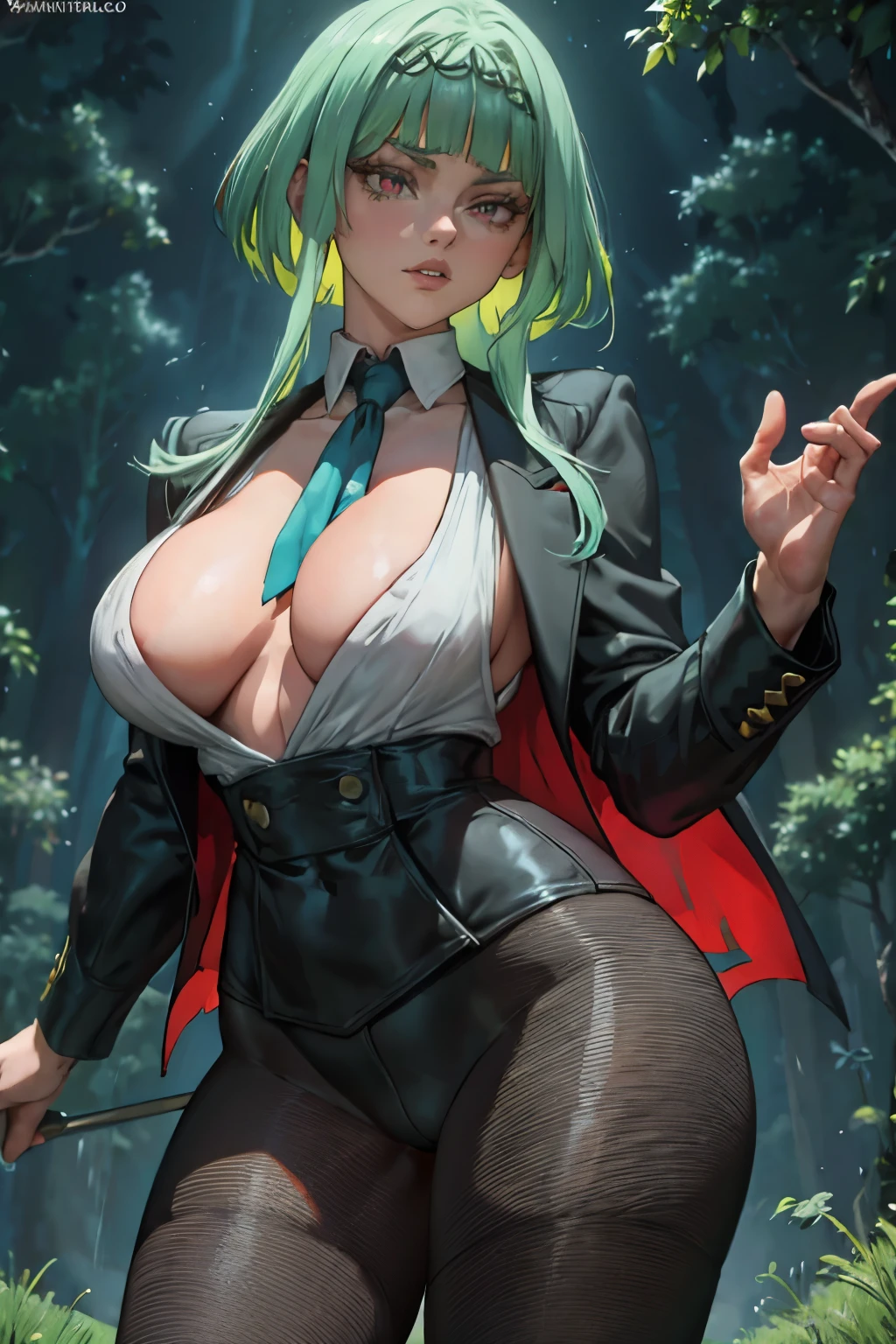 (jambes grasses), ((forest by night)), (large breast), ((perfect hands)), ((glossy pantyhose)), (finely detailed eyes and detailed face:1.3), (extremely fine and beautiful:1.1), (Perfect details:1.1), Ringo, Soul hackers, (no cleavage), ((glossy pantyhose)), (view from below), sexy legs, (view from behind), shirt, jacket, black gloves, necktie, hairband, white shorts,