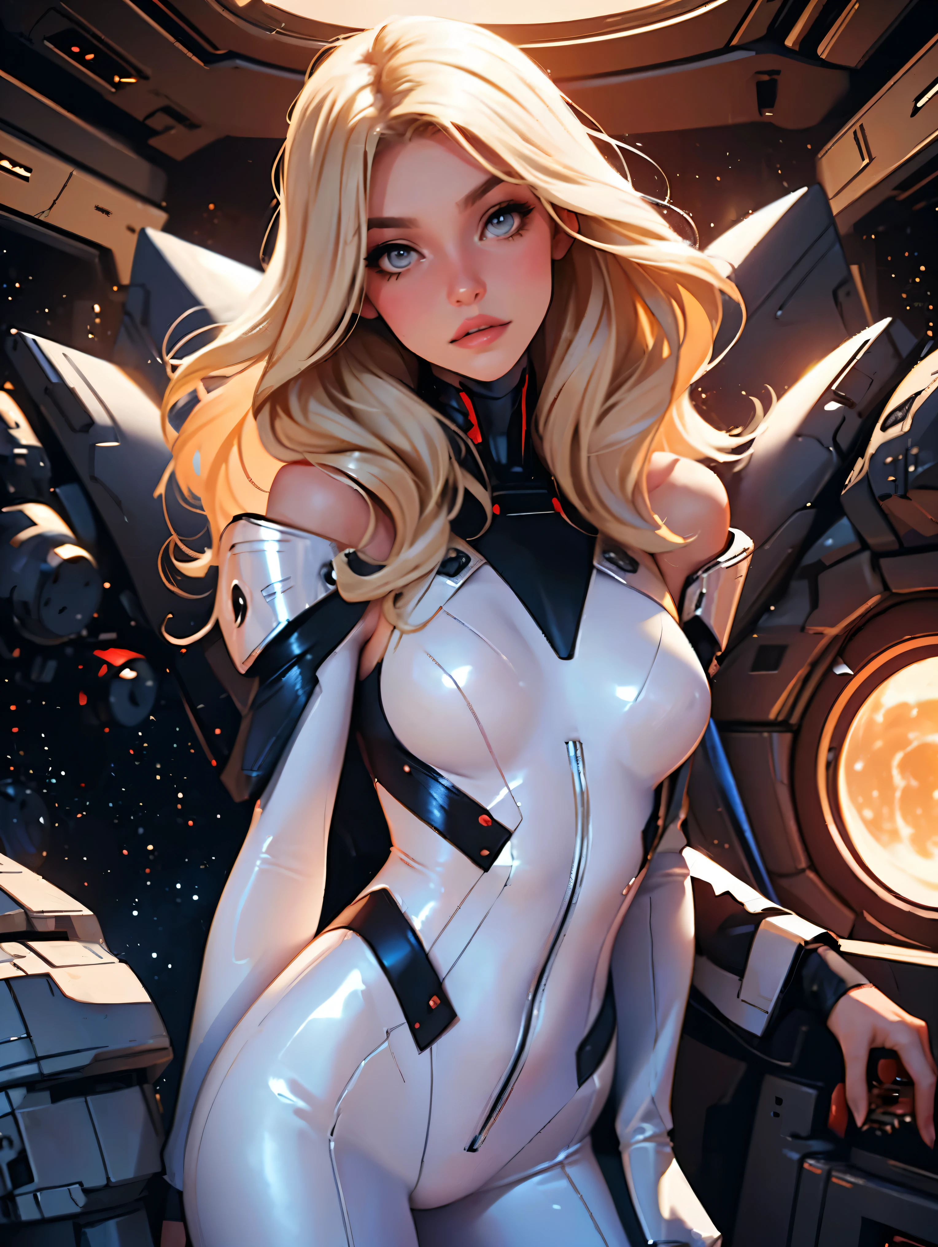 1girl,a beautiful fashion model ,(masterpiece, detailed background, best quality), shiny shoulder length hair, light blonde hair with blonde highlights dark roots, ,smirk,juicy lips, full lips, , lingerie, stripping, elegant makeup, sci fi environment,(space cruise), (bodysuit), ban art style, large 