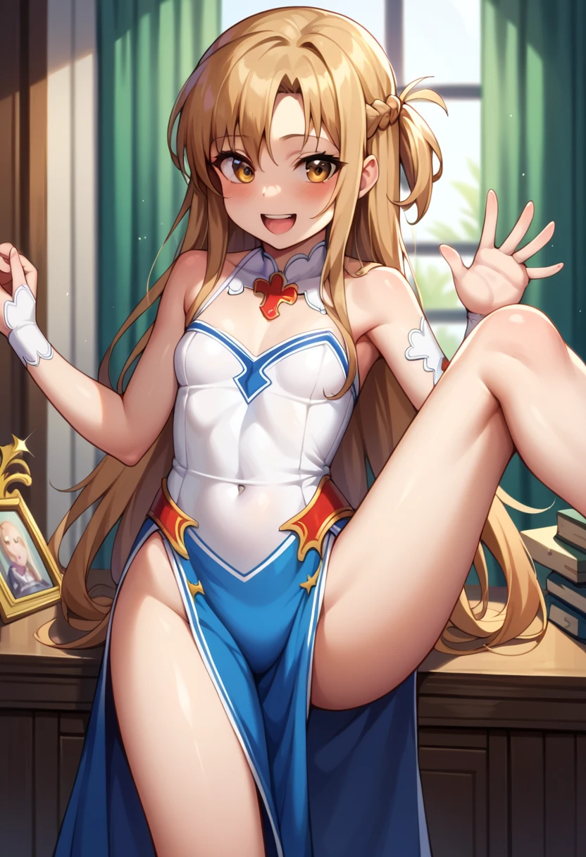 (( best quality)), ((masterpiece)), (be familiar with),  perfect face, indoor, bedroom,  viewers,
One woman,  Asuna Yuki,
 characters with open mouth ,  ecstatic expression with hands in front of body, blush, smile,
Small breasts,  flat chested, Young girl, Lori,  ,  girl,
 long hair,  long hair,
Leg spread,