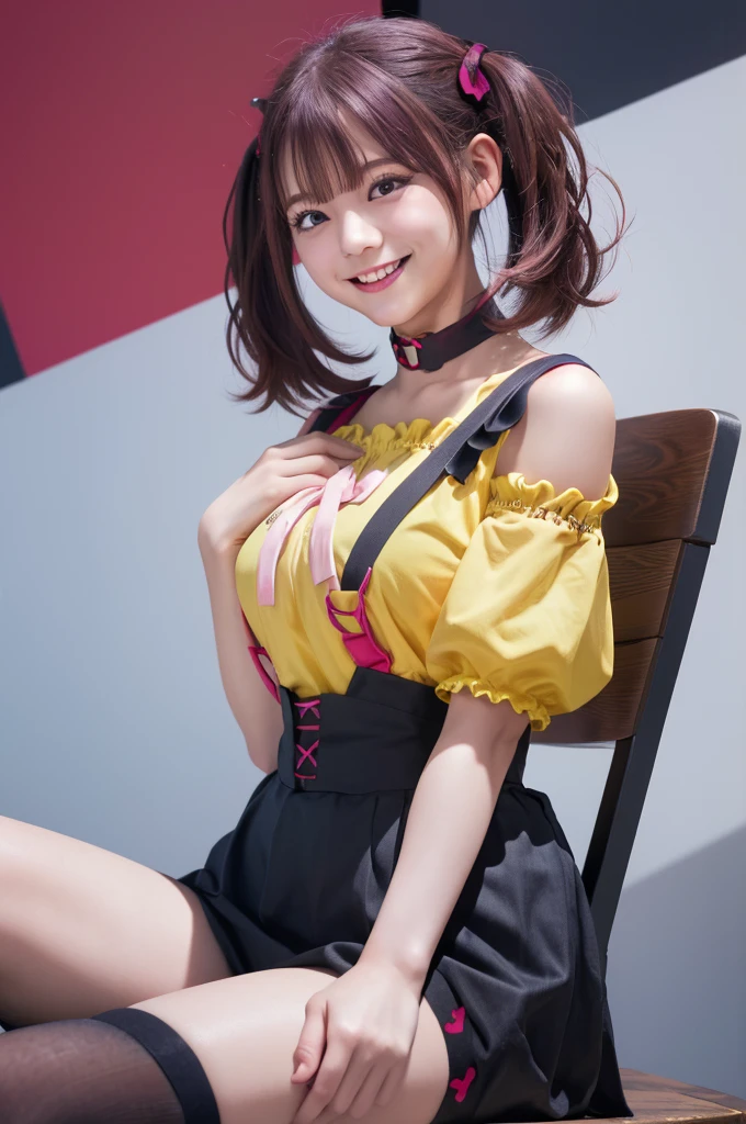 (masterpiece、 best quality)、 1 Girl 、leeroha、 twin tails、 yellow shirt、 frill shirt 、 OFF SHOULDER SHIRT 、Puffy short sleeves、 heart choker 、 suspenders、ribbon、 black skirt、 pink pants 、 high waist skirt 、 Knee Socks 、smile、