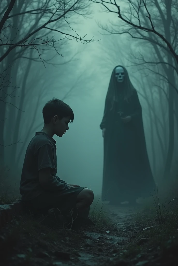 Create a man with the power to manipulate energies, with long black hair and blindfolded eyes in an anime appearance. Have him sitting in an abyss with black flowers and a girl with black hair holding a black rose near him in the abyss.