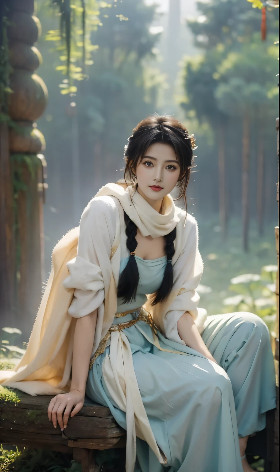 masterpiece， Fatih from Final Fantasy ， beautiful girl， poor costumes from primitive tribes，Highest detail， Misty Forest ，(Thick fog)，(Heavy fog)，（远景被Thick fog遮罩）8k，Early morning light effect，( actual , photo- actual :1.4),Optical Photography，Waist Shot