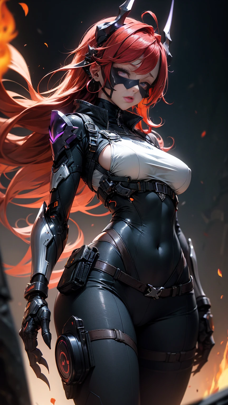 1girl, red hair, side swept hair, earpiece, underboob, sideboob, bodysuit, cybernetic, mask, horns, antennae, violet eyes, fiery eyes, bright eyes, tactical harness, thigh holster, claws, gauntlets, navel