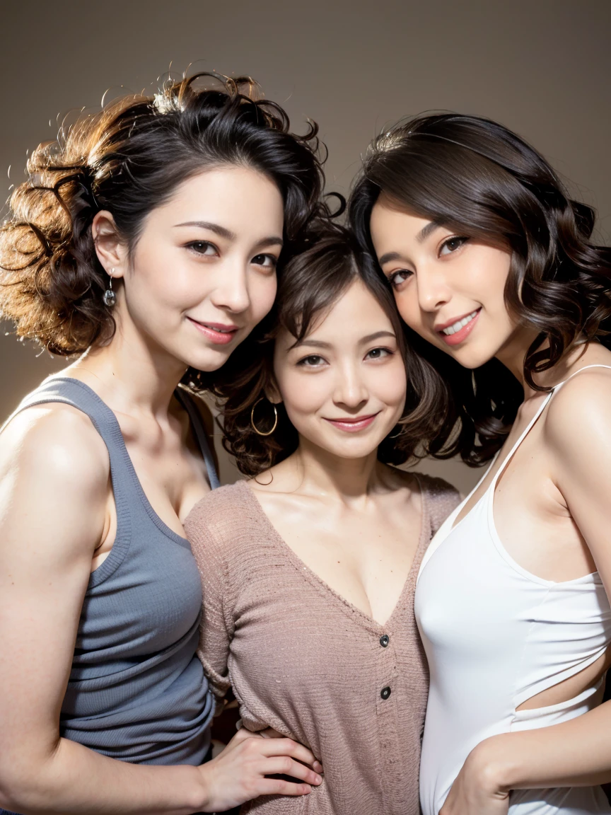 ((  There are 3 beautiful 38-year-old mature women who are 38 .:1.5))、( brown ahort curly hair :1.5)、(Quite thin body:1.5)、(It&#39;s small :1.5)、 everyone is laughing and talking happily、(Metallic Color、Pearl Color、two-tone、 with glitter etc .々Various colors :1.5)、( There are lots of nightgies lined up in the store.:1.5)、camel toe,tits,