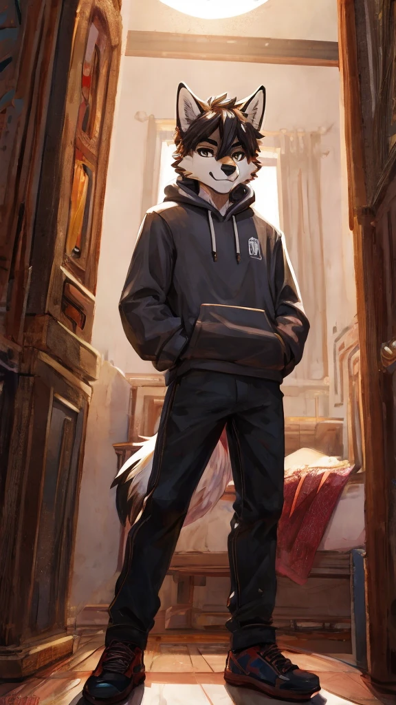 masterpiece, best quality, nj5furry,furry male, 1boy, furry, male focus, solo,animal ears, formal, wolf ears,wolf boy, smile ,
white fur, yellow fur, brown fur, two-tone fur,black eyes, black shirt, red hood, black hoodie,  thick eyebrows, tail, scar on eye,yellow ears, 
((full body,)), 
by chunie