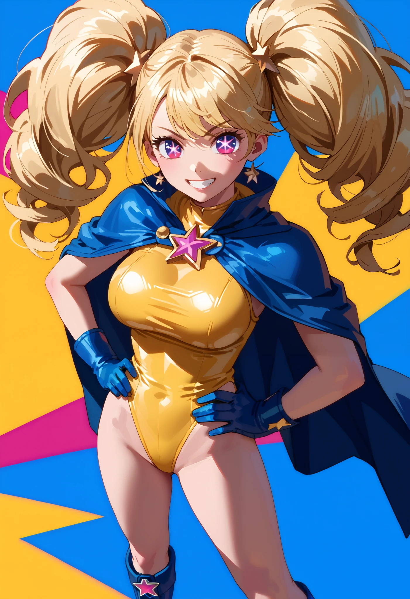 score_9_up, score_8_up, score_7_up, solo, source_anime, 1girl, super hero girl, star-shaped pupils BREAK 

Large breasts, Blonde hair, red eyes, mega twintails, big hair BREAK 

Latex, ((yellow leotard, gold leotard)), bare legs BREAK blue gloves, blue cape, high boots, blue boots BREAK 

Colorful background, standing, smile, looking at viewer, grin, hands on hips BREAK 