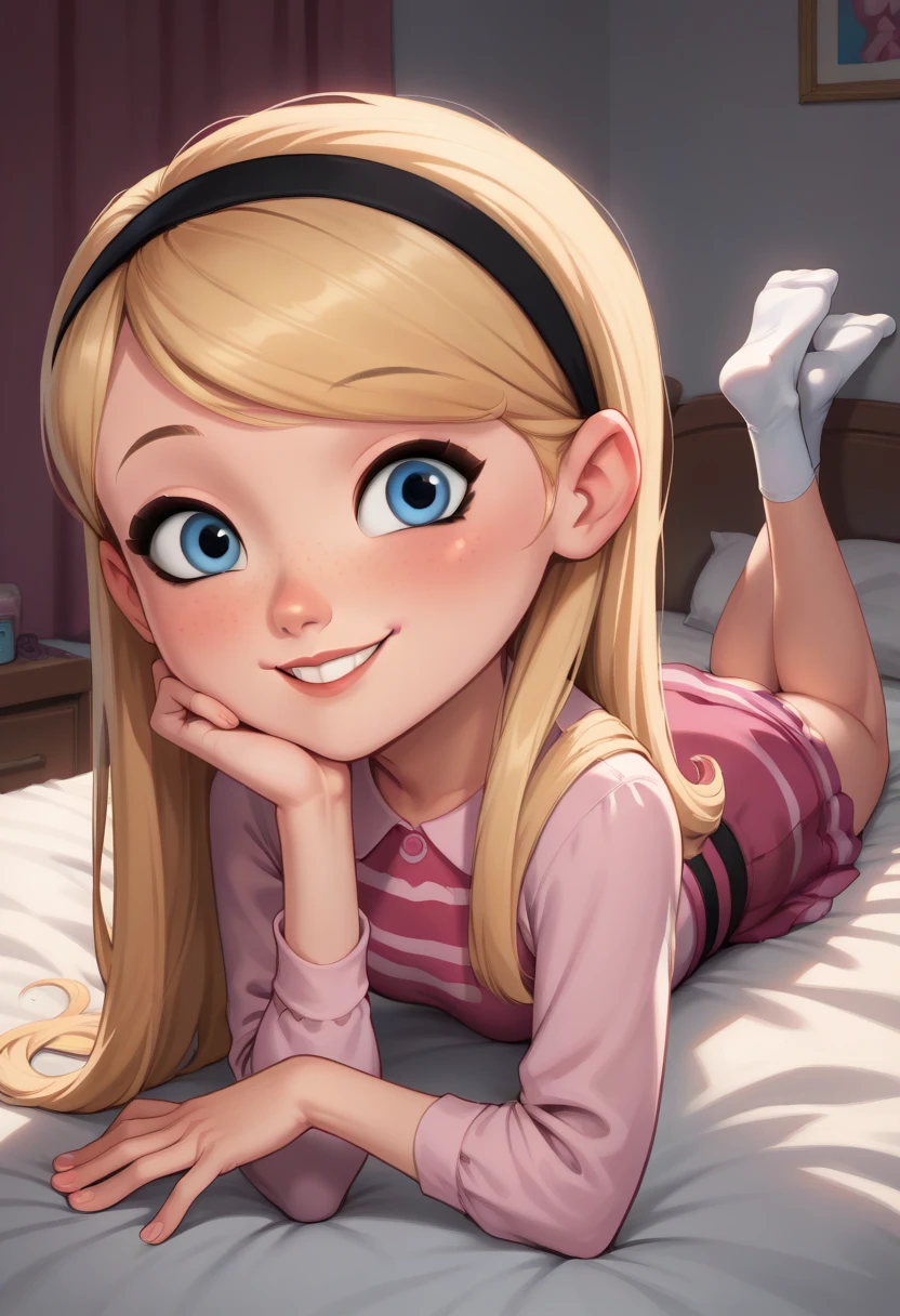 1girl, full body, solo, penny peterson, long hair, blue eyes, freckles, blonde hair, skirt, hairband, black hairband, white socks, dress, pink dress, long sleeves, no shoes, looking at viewer, light blush, smile, perky, cute smile, indoors, bed, bedroom, straight-on, lying, on stomach, showing her butt