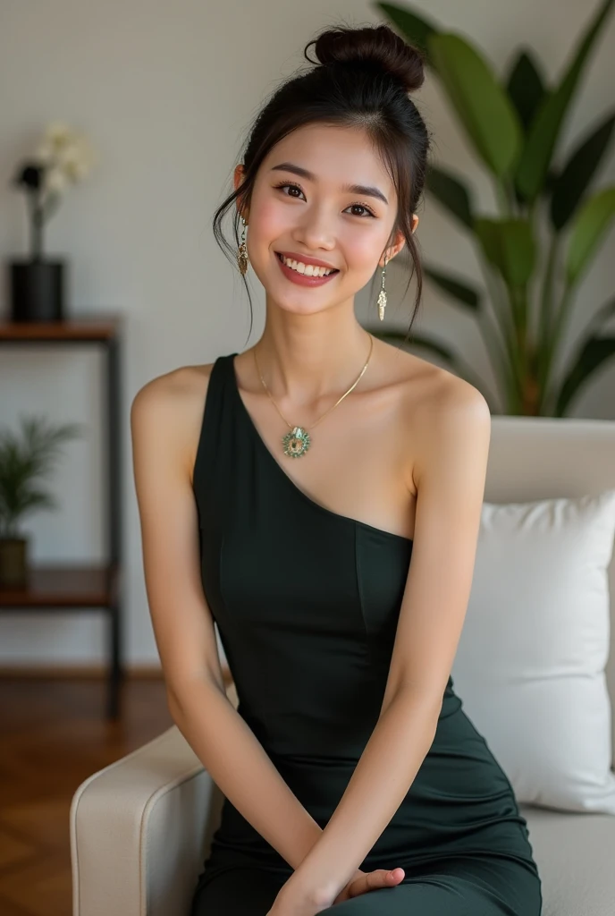 Beautiful Model, one-shoulder tight evening dress。Smile。teeth。Sitting。 skin details ，Photo poses，Healthy skin， high bun，Hairstyle，Exquisite jewelry，Natural Light。