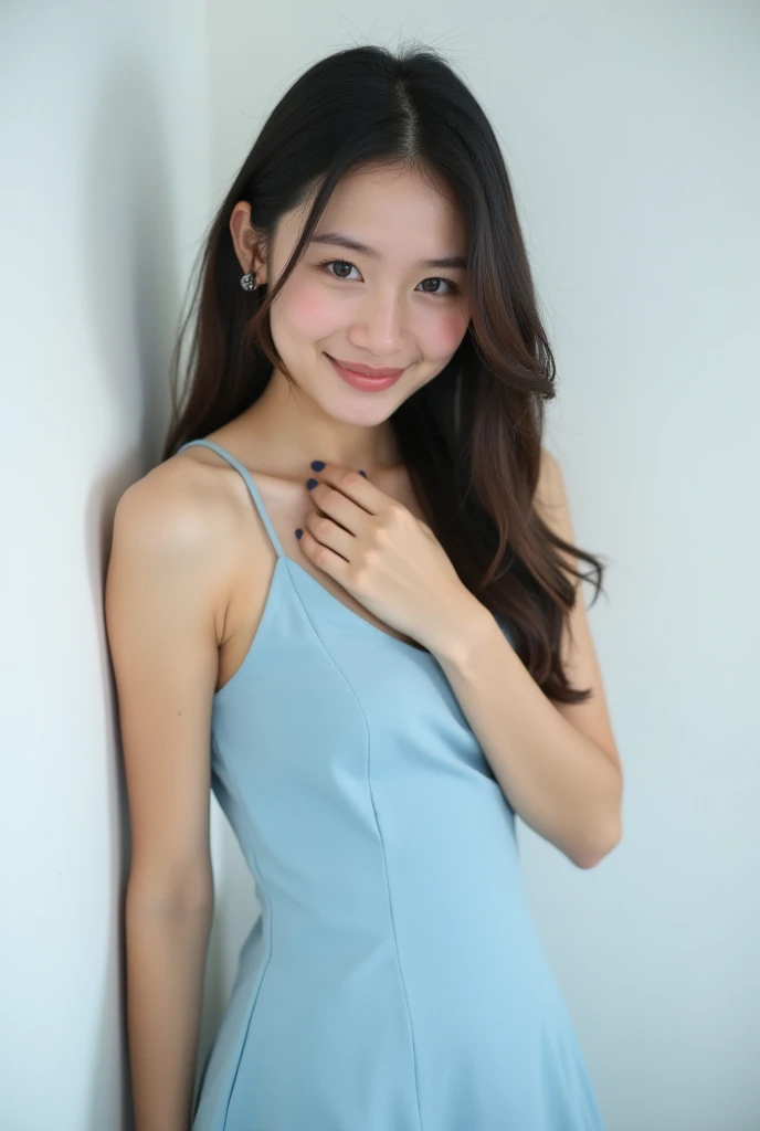 A smiling woman leaning against a wall, 在白色background前, photo shoot portrait, Portrait Photos，background, Light blue dress portrait , Medium Portrait, Nod, Shot with Canon EOS 5D Mark IV, A young Asian female , Head and shoulders , photo shoot, Cindy Avellino, 60mm portrait ,  Random Body Orientation ,