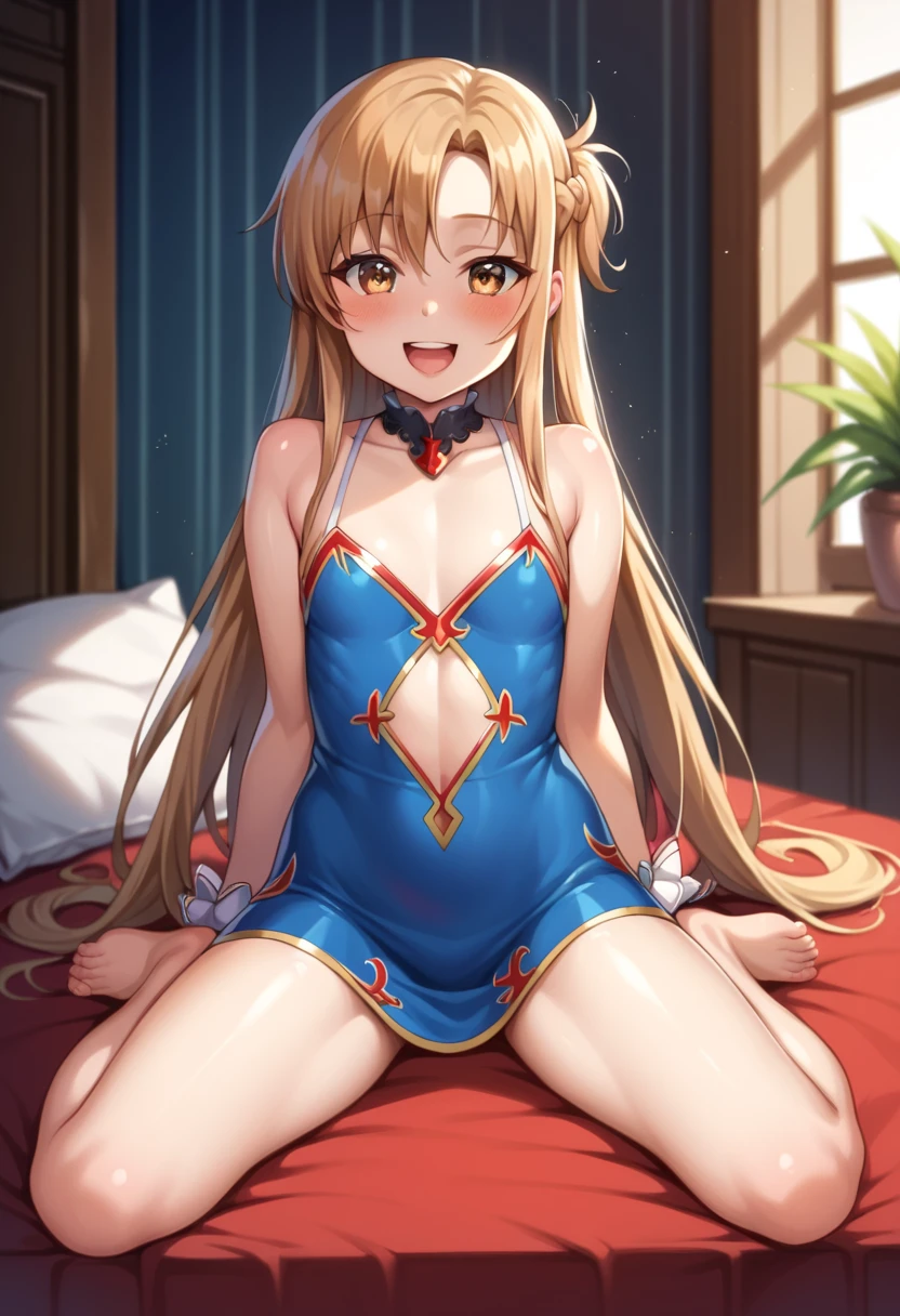 (( best quality)), ((masterpiece)), (be familiar with),  perfect face, indoor, bedroom,  viewers,
One woman,  Asuna Yuki,
 characters with open mouth ,  ecstatic expression with hands in front of body, blush, smile,
Small breasts,  flat chested, Young girl, Lori,  kids,  girl,
 long hair,  long hair,
Leg spread,