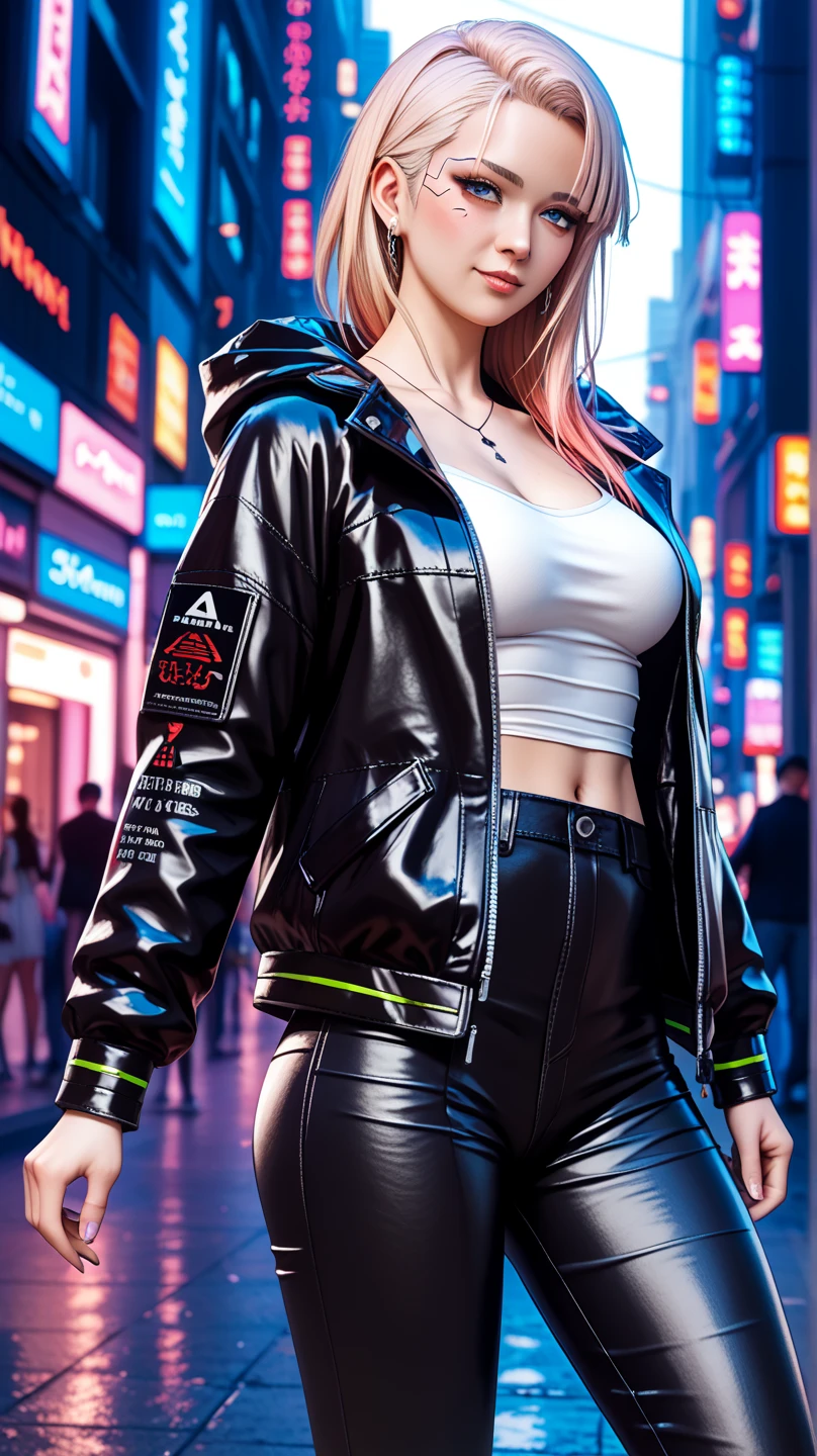  anime girl in black leather pants and black jacket,  Cyberpunk anime girl ,  seductive anime girl , female anime character, female  Cyberpunk anime girl , attractive anime girl, Anime style. 8 k, Realistic anime 3D style,  Cyberpunk anime girl  in hoodie, реалистичный Anime style,  anime girl, anime woman, Anime style character, Anime style 4 k, anime character