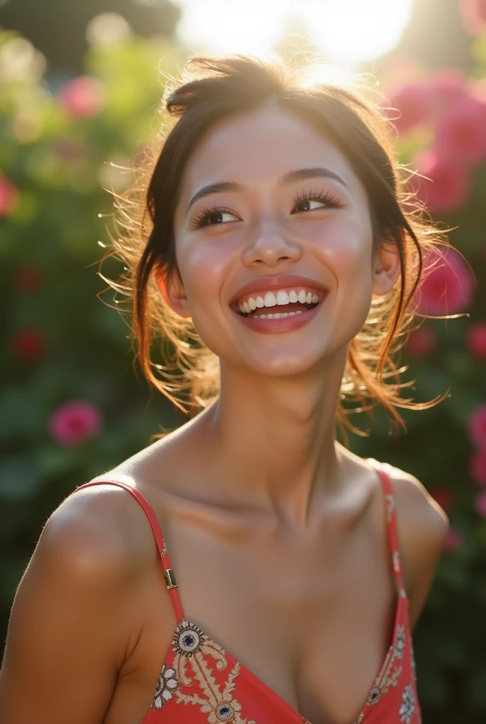  1 beautiful woman,  Expression of joy and joy ,  unique , ( Bright Smile :1.4), ( Sparkling Eyes :1.3),  human presence , high detail, Outdoor,  soft natural light ,  Depth of Field, Vivid garden background ,  A woman immerses herself in a moment of pure joy 