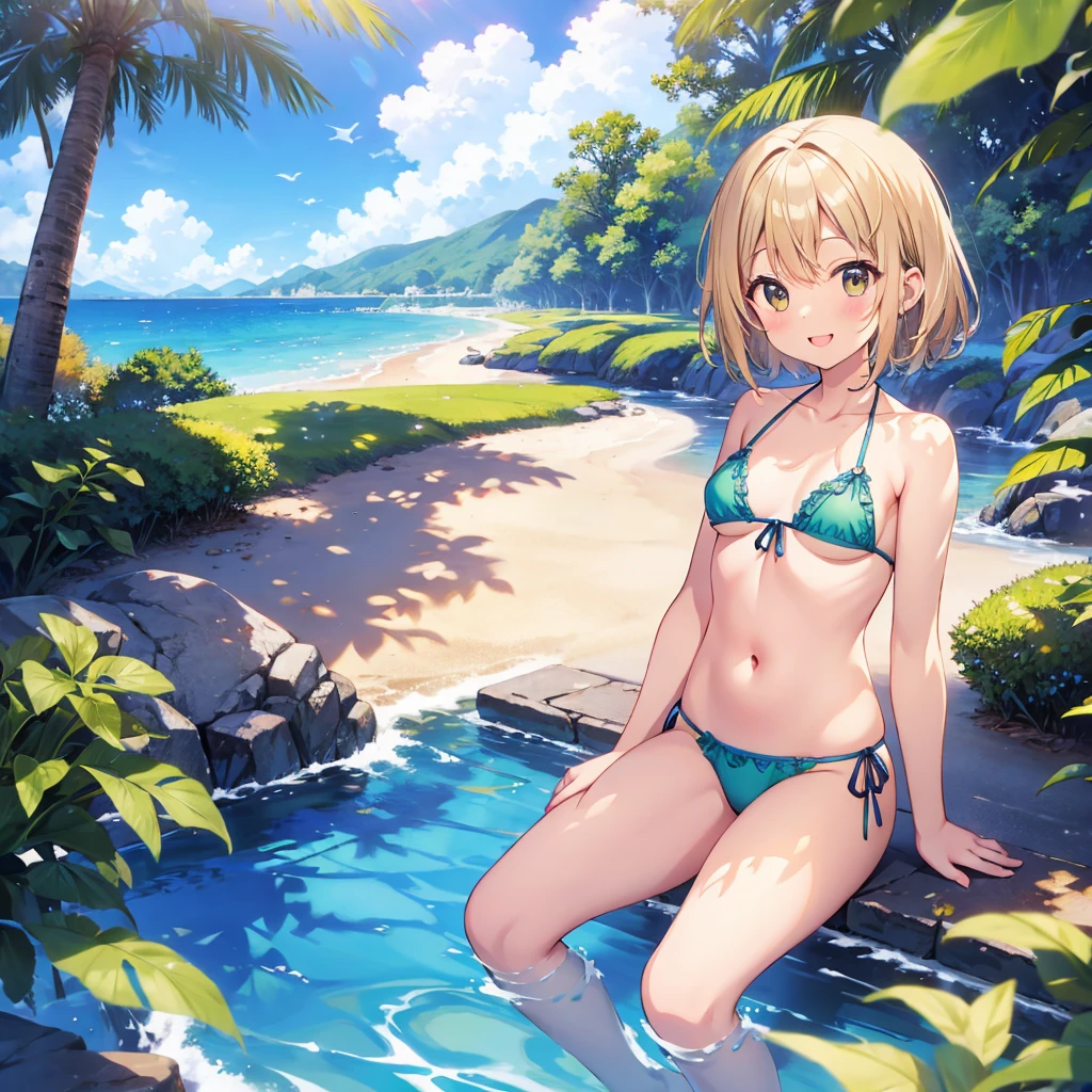 (8k, RAW photo, best quality, masterpiece:1.2), (extremely detailed 8k wallpaper),sharp focus, professional lighting, depth of field, cinematic lighting,blur background, bokeh,BREAK 1girl,cute face,wet hair,blonde hair, curly hair,slim and smooth lines,slim body,bikini,seductive smile,pool,golden ratio,leaning forward,(small breasts:1.4),