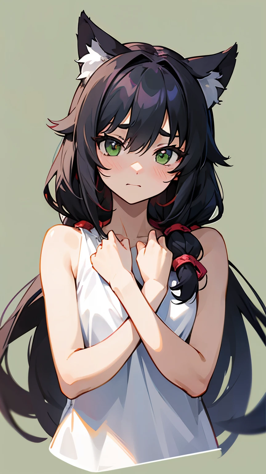 (High resolution:1.4), (masutepiece:1.2), (High quality:1.3) 1girl, saten ruiko, green eyes, long hair, black hair, small breast, blush, dangerousbeast, wolf tail, (blush, shy:1.2), from above, in street,, cinematic lighting,