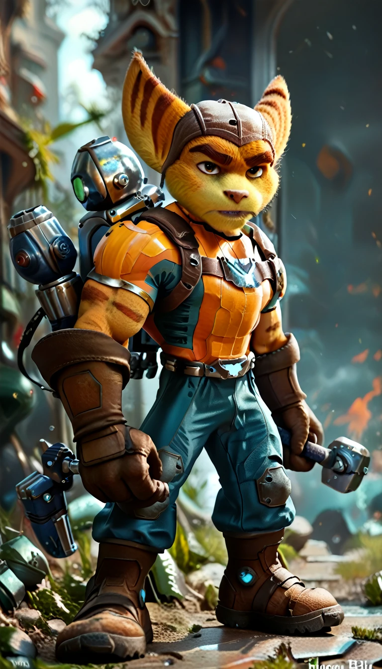  anatomically correct,  High Quality,( huge muscles, huge erect penis),score_7_up, score_8_up, in-game, full body, 
break,
Only bad, RCratchet, armor, Cap, lombax, Orange fur, brown stripes, weapon, holding weapon, heroic pose,