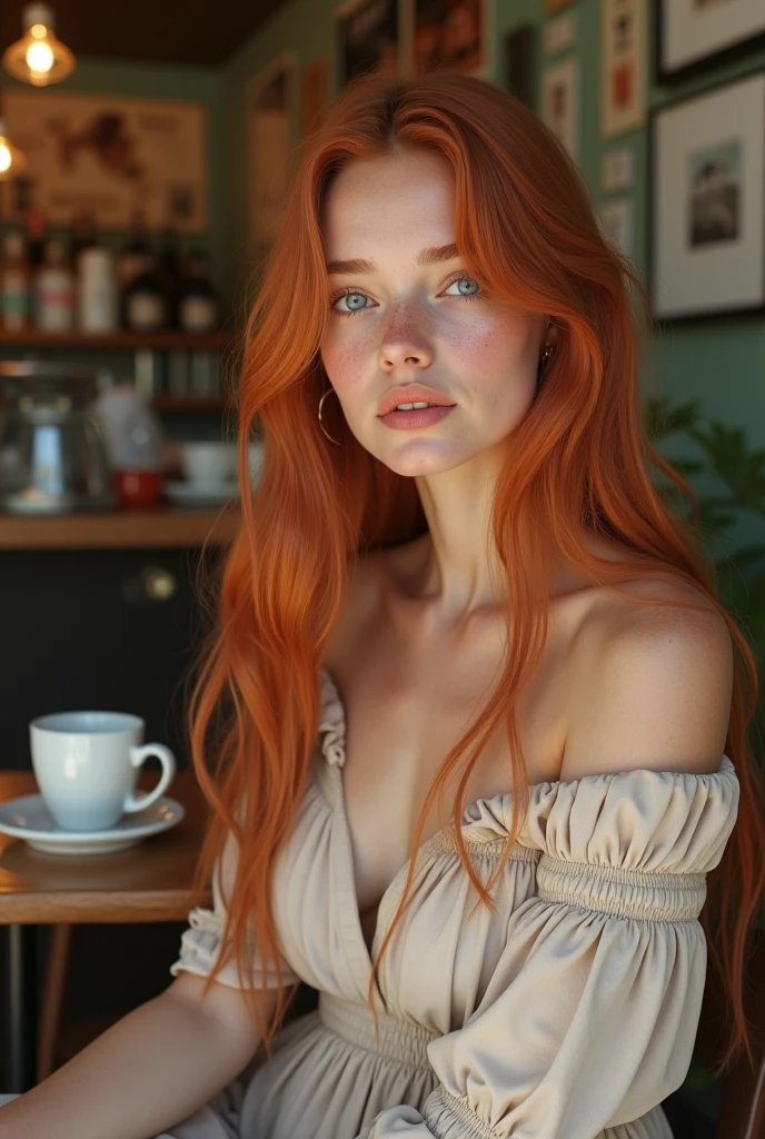 1 girl age 19, solo, aesthetic artwork, irish redhead, long wavy ginger hair, grayeyes light, some small freckles, pale skin, G-cup, huge breasts, slim body, runners body, (textured skin, skin pores:1,1), (moles:0,8), imperfect skin, sitting down, having a cup coffee, drinking coffee, (extremely detailed 8K wallpaper),soft lighting, high quality, film grain, fujifilm XT3 sharp focus, f 5.6, 50mm, high detailed, sharp focus, dress blue and white, high detailed, complex details, sitting at outdoors cafe