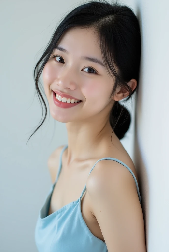 A smiling woman leaning against a wall, 在白色background前, photo shoot portrait, Portrait Photos，background, Light blue dress portrait , Medium Portrait, Nod, Shot with Canon EOS 5D Mark IV, A young Asian female , Head and shoulders , photo shoot, Cindy Avellino, 60mm portrait ,  Random Body Orientation ,