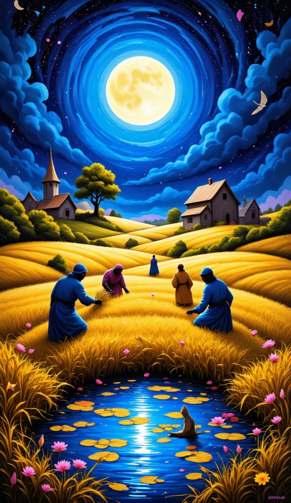 A vibrant impressionistic painting in the style of Claude Monet, capturing the idyllic scene of a bountiful harvest under a luminous harvest moon. Farmers, silhouetted against the moonlight, gather the golden wheat, their figures rendered with loose, expressive brushstrokes. The moon casts a magical glow on the ripe wheat fields, reflecting in a nearby pond where water lilies bloom. The air is filled with the sounds of crickets and owls. The palette should be rich and warm, with deep blues and golds dominating the night sky.