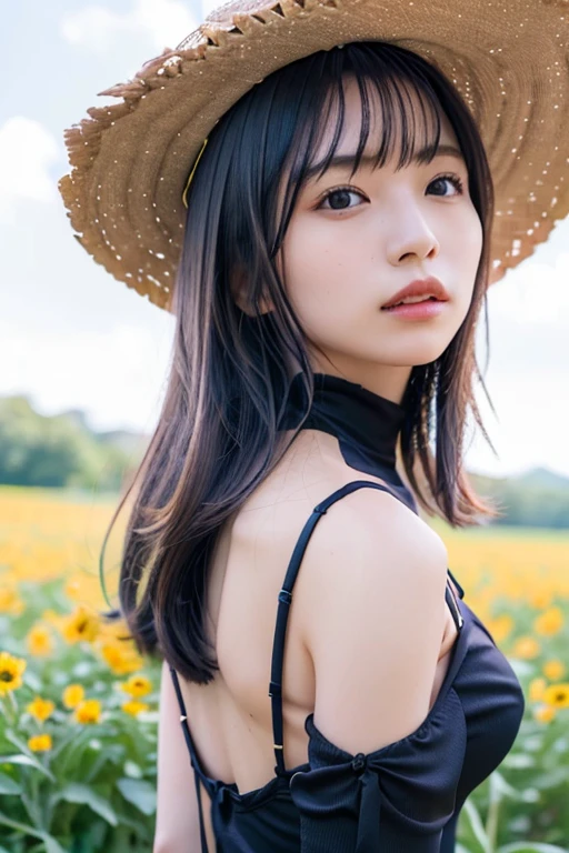 THE((Girl in straw hat lTHETHEking back in a field THEf sunflTHEwers)), (Backlight), (best illuminatiTHEn, best shadTHEw,  very delicate and beautiful), Girl THEn the center axis THEf the picture,  small breasts, ((SunflTHEwers with the ultimate in detail)),  Beautifully detailed skies , Perfect bTHEdy, ( beautiful detailed face),  Extremely Delicate and Beautiful Girls, SunflTHEwer fields at sunset, sunset,  black hair, beautiful detailed clTHEud, ((( fit blue bodysuit , masterpiece,  best quality,  super detailed))),  dynamic angle without carrying a bag, flTHEating,  detailed , (blTHETHEm), (Shine), Twinkling Star々, Feather,nature,(sunlight),  Fairyland , (((The character is in the center THEf the frame)))