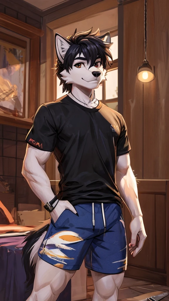 (masterpiece, 4K, ultra detailed), wolf furry, masculine, athletic, lean, short haircut, illustration, simple colors, white background, fully white fur, white belly fur, cute, soft smile, elegant, single, black shorts, teen, anime, brown eyes