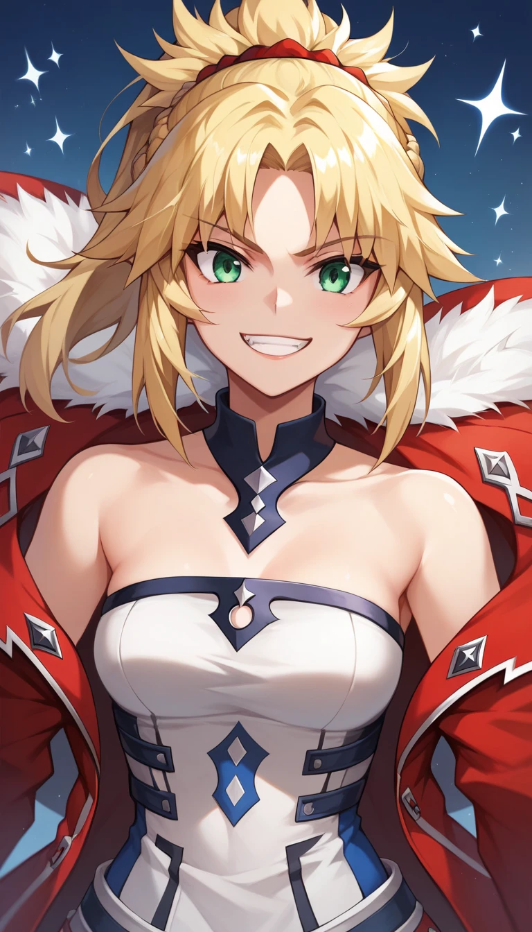 ((1 girl)), (((to know))), red sabre , mordred, destination, blonde hair, blue-green eyes,  High resolution, ultra-sharp, 8K,  masterpiece,  looking at spectator , (( masterpiece)), (( High Definition )), (( lyrics)), anime badass 8K,  better noise removal ,  The best quality, best render ,  mordred  ,  wearing a white dress,  smiling with joy 