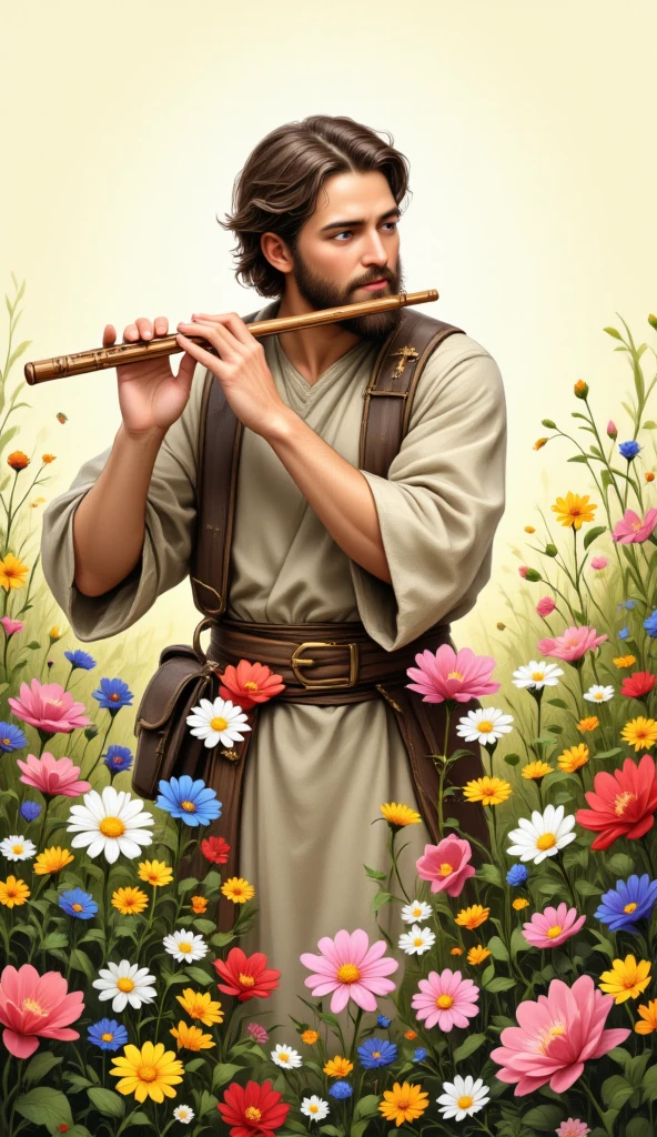 A detailed pencil sketch rendered in a digital painting style reminiscent of pre-Raphaelite art, focusing on a shepherd playing his flute amidst a field of wildflowers. His expression is peaceful and contemplative. The flowers are incredibly detailed, with individual petals and stamens meticulously rendered. The shepherd’s clothing is simple but finely detailed, showing the texture of the fabric. The background is softly blurred, focusing attention on the shepherd and the foreground wildflowers.