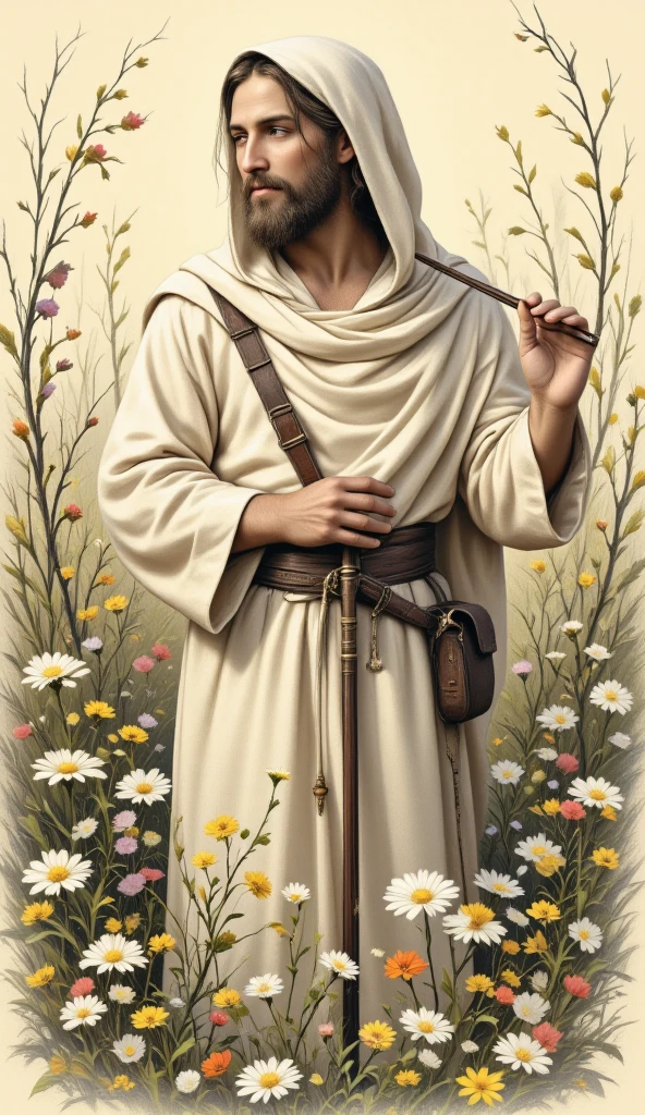 A detailed pencil sketch rendered in a digital painting style reminiscent of pre-Raphaelite art, focusing on a shepherd playing his flute amidst a field of wildflowers. His expression is peaceful and contemplative. The flowers are incredibly detailed, with individual petals and stamens meticulously rendered. The shepherd’s clothing is simple but finely detailed, showing the texture of the fabric. The background is softly blurred, focusing attention on the shepherd and the foreground wildflowers.