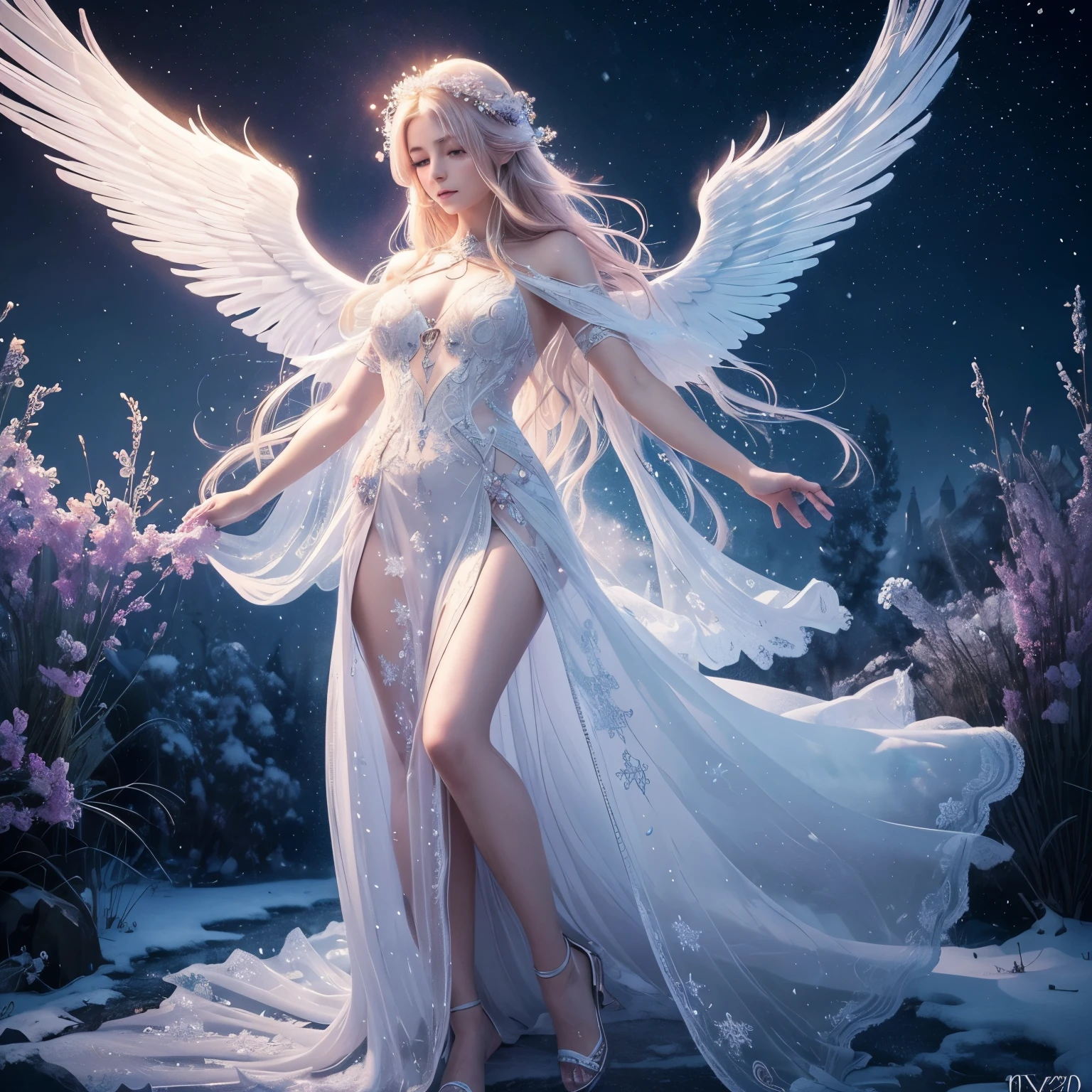 Break Bloodfallen, Break costume, ponytail, Outdoor, (night, Starry Sky:1.2), masterpiece, Highest quality, A beautiful female angel, whole body, Mouth closed, lake, reflection, Outdoor, formula wallpaper