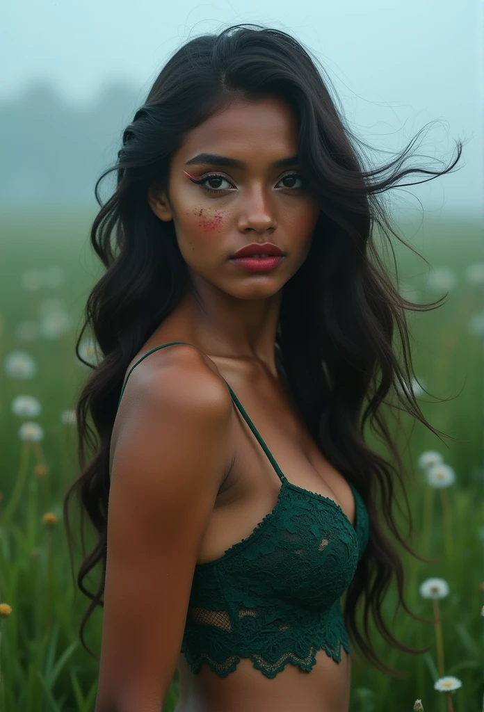 Photo of a kerala hindu model, long flowing hair that touches the ground and spreads out in intricate waves, 28 years old, kerala nude model, ((((jut busty tuberous breast)))), love triangle shape hip, tiny waist, red pimple cheek, standing in grass field, ((((moody village atmosphere))), tuberous boobs, clear face, blue dew drops, golden gods ray, dandelions flying in the wind, (((show deep navel))), half body, blue atmosphere, nude thigh show,moody fogy daylight, r4w photo, dark nipple and dark areola, masterpiece, ((((Extremely Realistic)))), Realism, Raw photo, Photography, High detailed A hyper-detailed, visible skin details and pores, show alluring face, emphasizing skin texture, eyes, and emotional expression. The focus is on precision, natural beauty, and captivating details, Lace or satin mini skirt in deep tones like dar emerald, burgundy, or emerald green, Sultry smoky eyes with winged eyeliner,Contoured cheeks with a touch of highlighter for a luminous glow, Bold lips in shades of red or nude gloss for a sensual finish, The skin texture is visible, showing natural wrinkles, pores, and fine lines. The nails are neatly trimmed with a slight natural shine, and subtle imperfections such as tiny ridges or slight discolorations add realism, detailed five fingers, The fingers are slightly curled, creating soft shadows between them. The lighting is soft and even, highlighting the intricate details of the skin and nails. A neutral background ensures the fingers remain the focal point, Add soft flyaways for a more natural, intimate feel, Standing tall with one hand on the hip, the other gently adjusting a strap, with direct eye contact, Create a mix of intimate and confident portraits, , shot on Fujifilm GFX 100 II Large Format Camera, Prime lens with a wide aperture (e.g., 80mm f/1.7) for sharp focus on the subject and creamy bokeh, Aperture: f/1.7–f/2.8 for shallow depth of field, ISO: Low for noise-free, crisp images, Balanced exposure with soft highlights to a