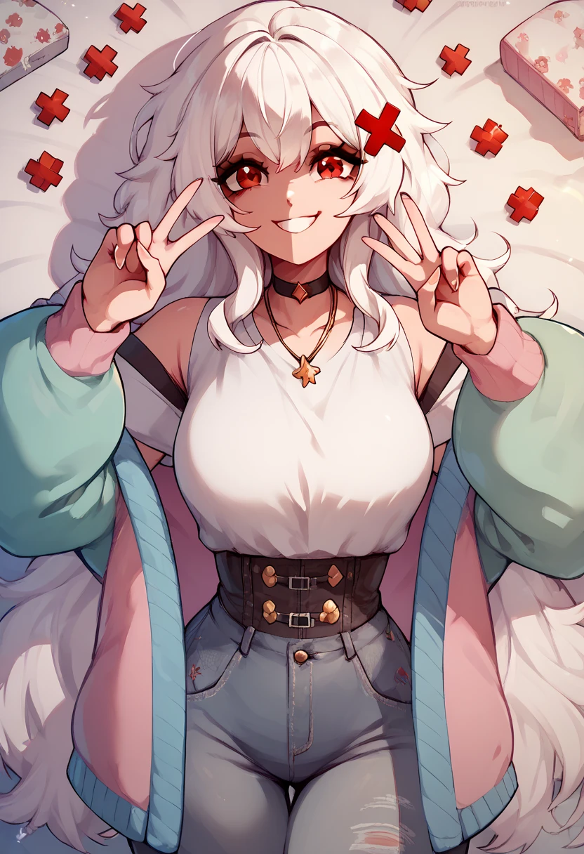 Erispheria, white hair, red eyes, merustyle, smile, peace sign 