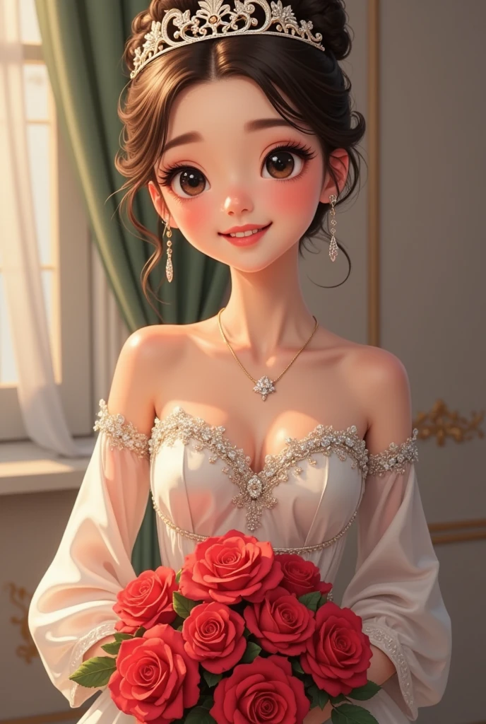  is smiling .  wearing a crown in a prom dress. Beautiful woman with red roses in her hands . Full HD.  actual 