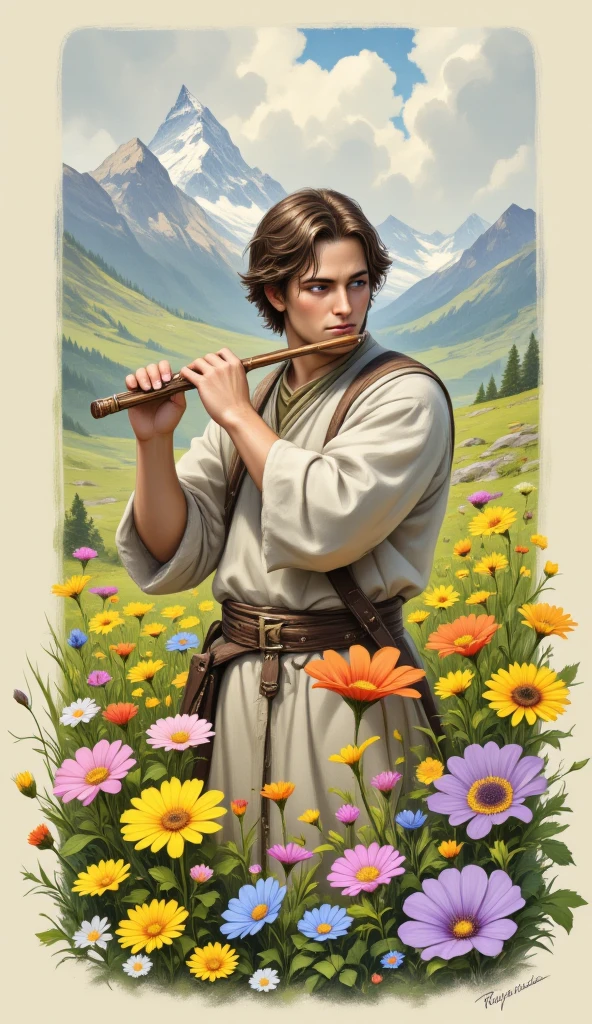 A detailed pencil sketch rendered in a digital painting style reminiscent of pre-Raphaelite art, focusing on a shepherd playing his flute amidst a field of wildflowers. His expression is peaceful and contemplative. The flowers are incredibly detailed, with individual petals and stamens meticulously rendered. The shepherd's clothing is simple but finely detailed, showing the texture of the fabric. The background is softly blurred meadow with raising snowy mountains and rare clouds.