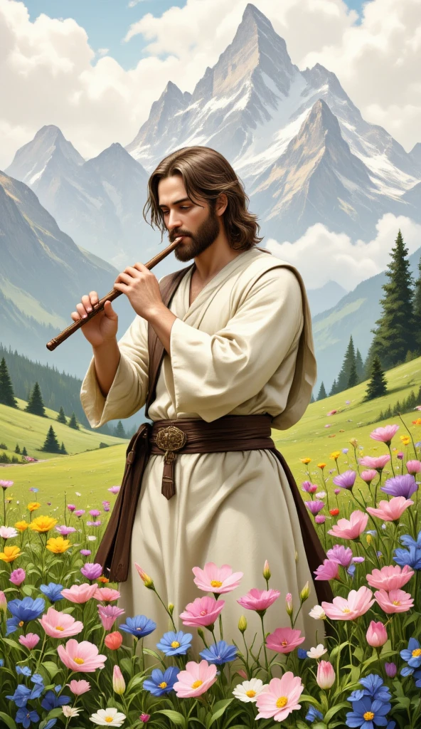 A detailed pencil sketch rendered in a digital painting style reminiscent of pre-Raphaelite art, focusing on a shepherd playing his flute amidst a field of wildflowers. His expression is peaceful and contemplative. The flowers are incredibly detailed, with individual petals and stamens meticulously rendered. The shepherd's clothing is simple but finely detailed, showing the texture of the fabric. The background is softly blurred meadow with raising snowy mountains and rare clouds.