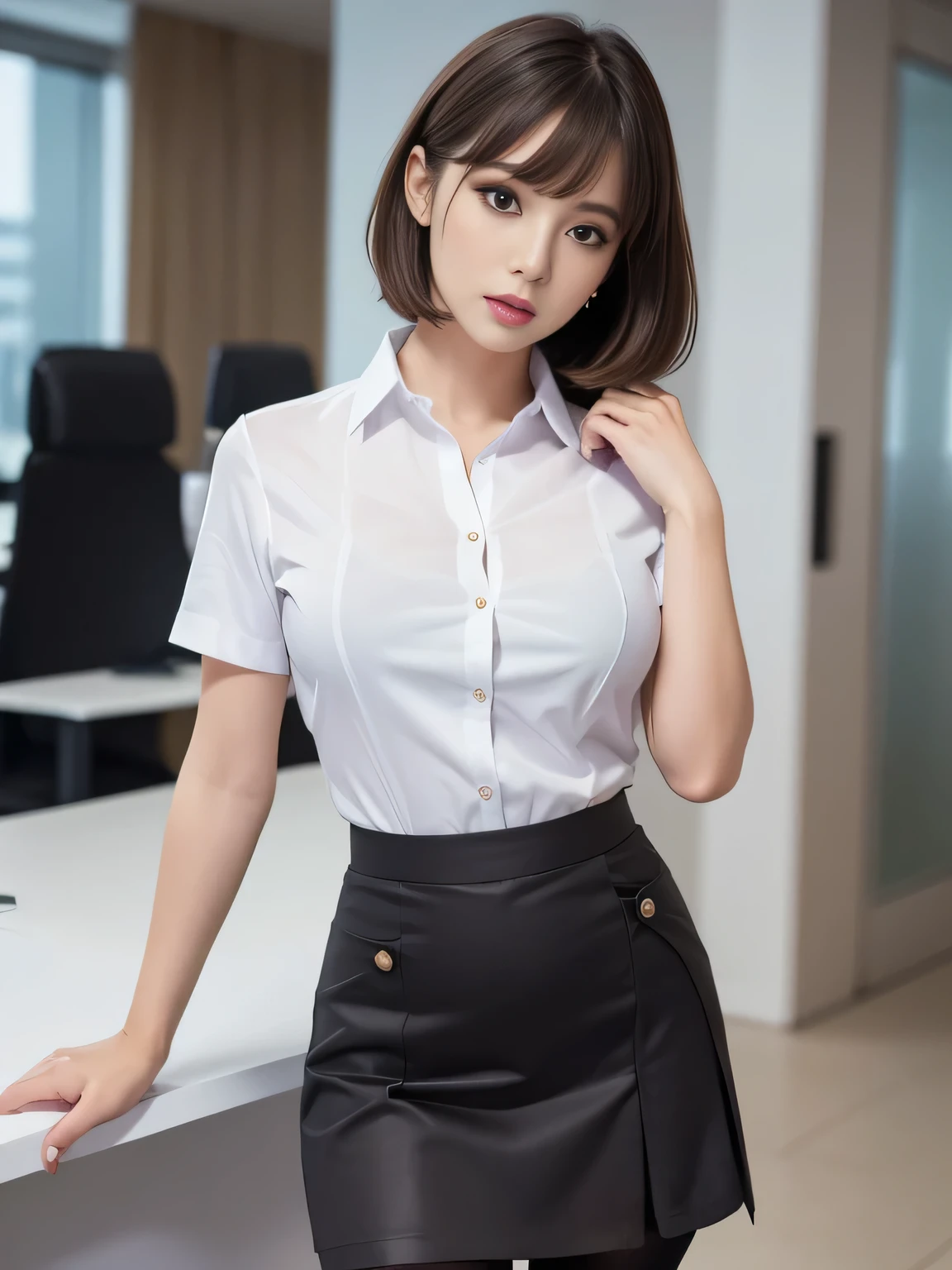 Tight-fitting business shirt, Short sleeves, Tight skirt, (Shirt tucked into skirt:1.3), , Business jacket, Tights, Office,
4K Quality, (High Resolution:1.3), (Realistic photo:1.3), (Raw photo:1.1), (Extremely detailed photo), Absolute masterpiece,
Staring, (Looking at the viewer), Standing,
(Lip make-up), Glossy skin, Bangs, Short wavy bob, Ultra pretty girl